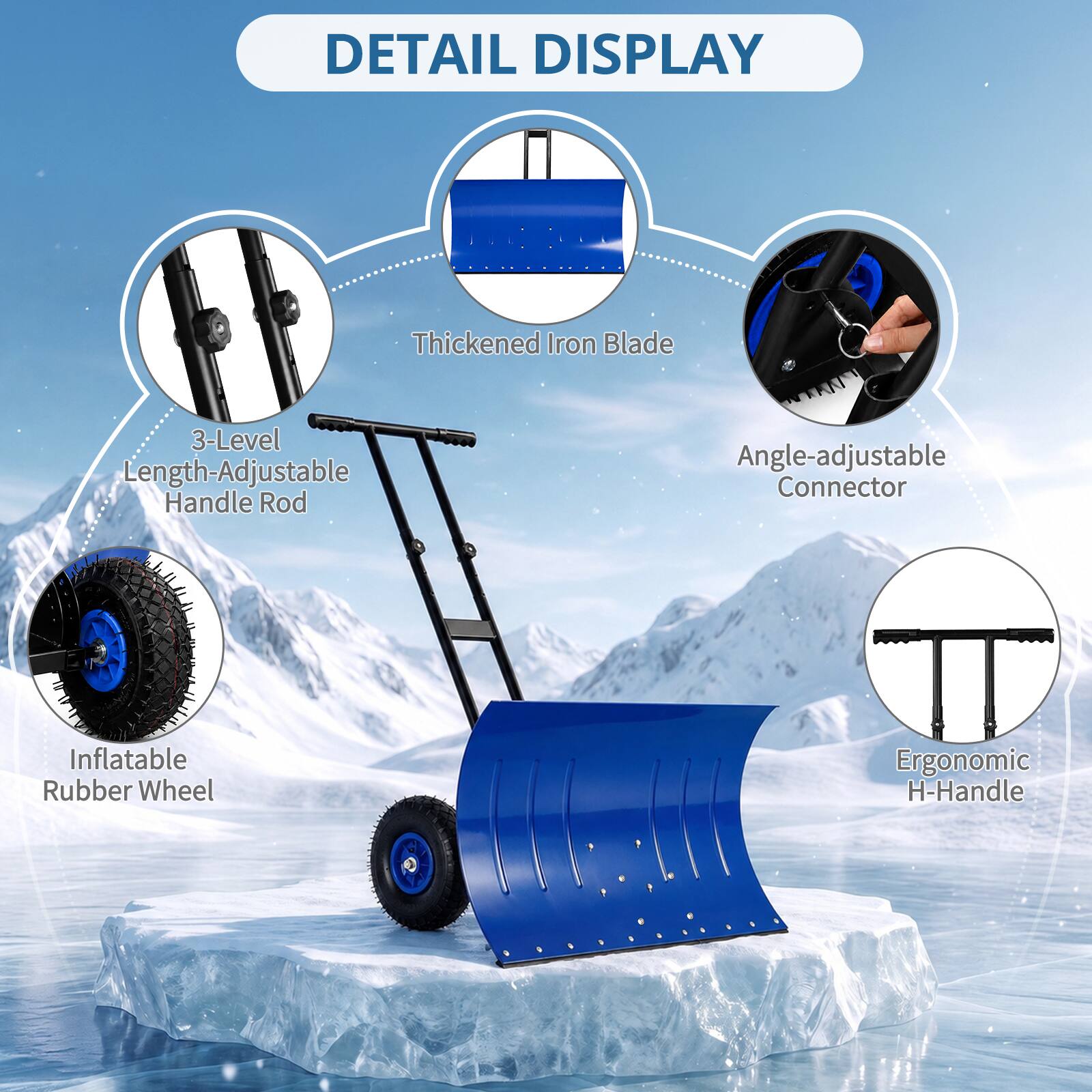 DETAIL DISPLAY

- Thickened Iron Blade
- 3-Level Length-Adjustable Handle Rod
- Angle-adjustable Connector
- Inflatable Rubber Wheel
- Ergonomic H-Handle