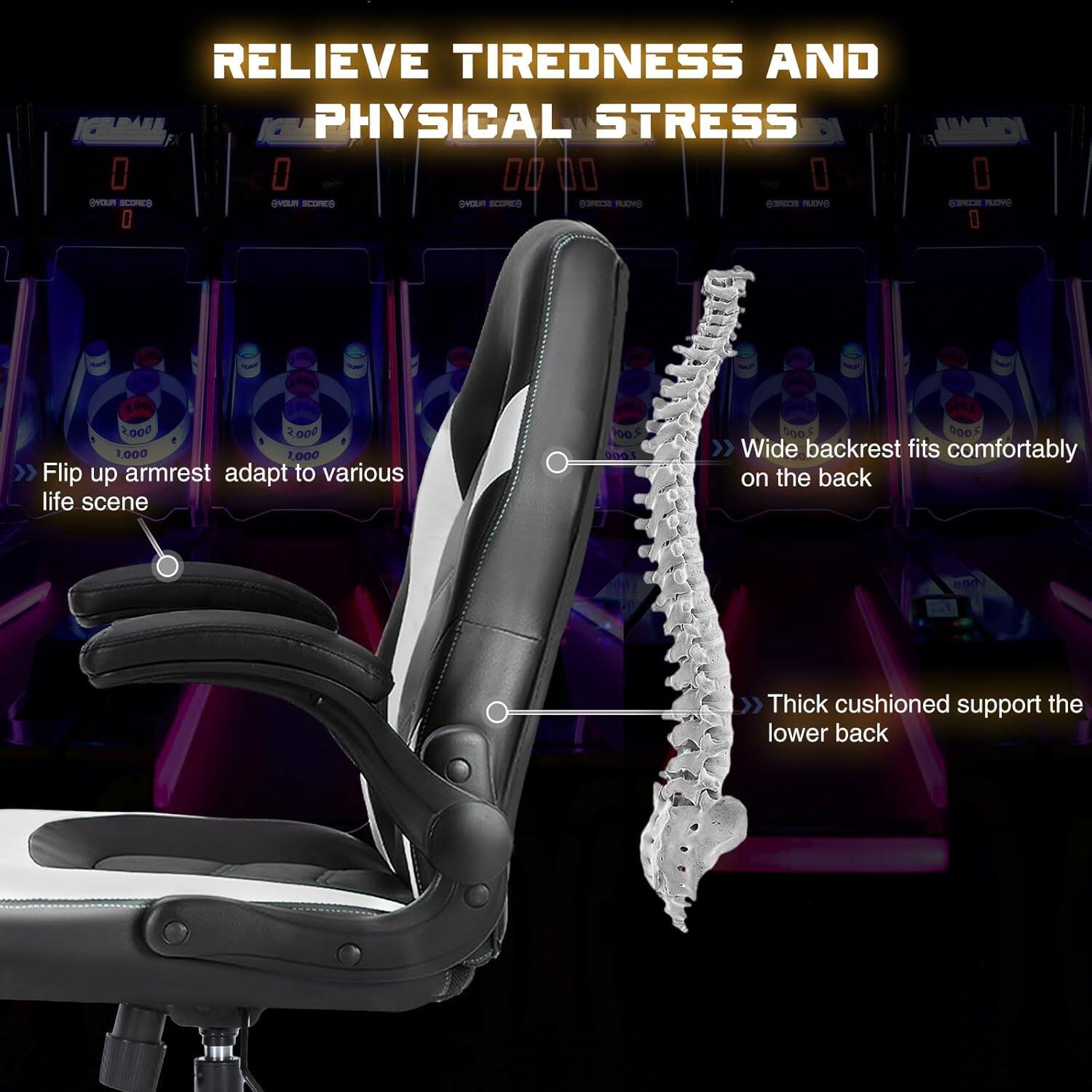 RELIEVE TIREDNESS AND PHYSICAL STRESS

- Flip up armrest adapt to various life scene
- Wide backrest fits comfortably on the back
- Thick cushioned support the lower back
