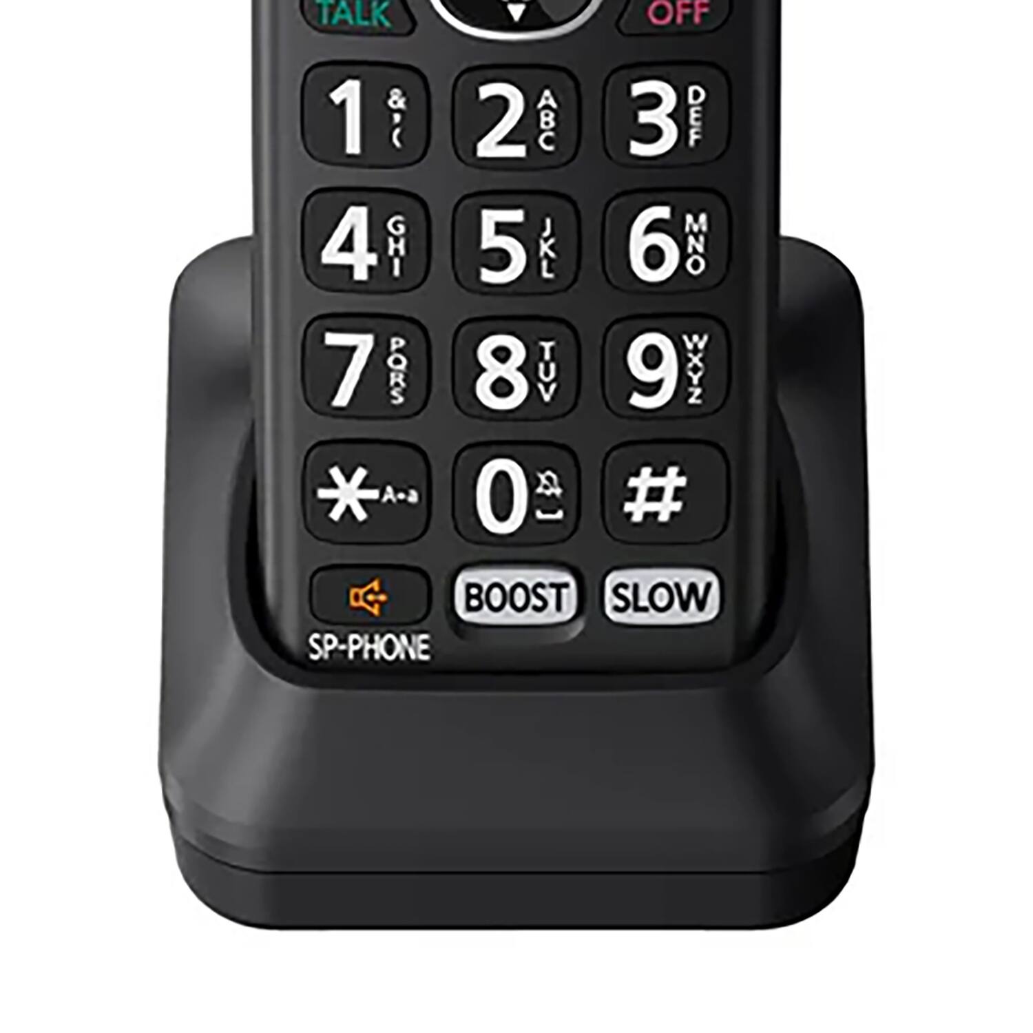 Sure, here is the corrected and grouped text from the image:

- TALK
- OFF
- 1
- 2 ABC
- 3 DEF
- 4 GHI
- 5 JKL
- 6 MNO
- 7 PQRS
- 8 TUV
- 9 WXYZ
- * A-a
- 0
- #
- BOOST
- SLOW
- SP-PHONE