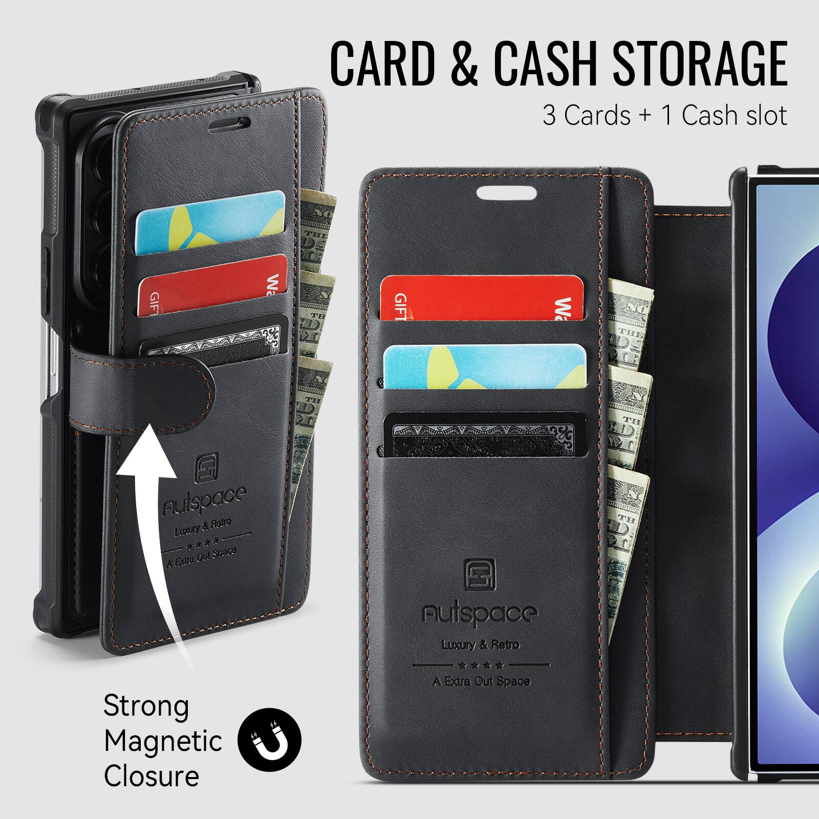 CARD & CASH STORAGE  
3 Cards + 1 Cash slot  

GIFT  
Wa  
NO THE TH  
GIFT  
Wa  
TH  
TH  
Autspace & Retro Luxury & * Out Space Extra  
HT  
Strong Magnetic Closure  
Autspace Luxury & Retro **** A Extra Out Space