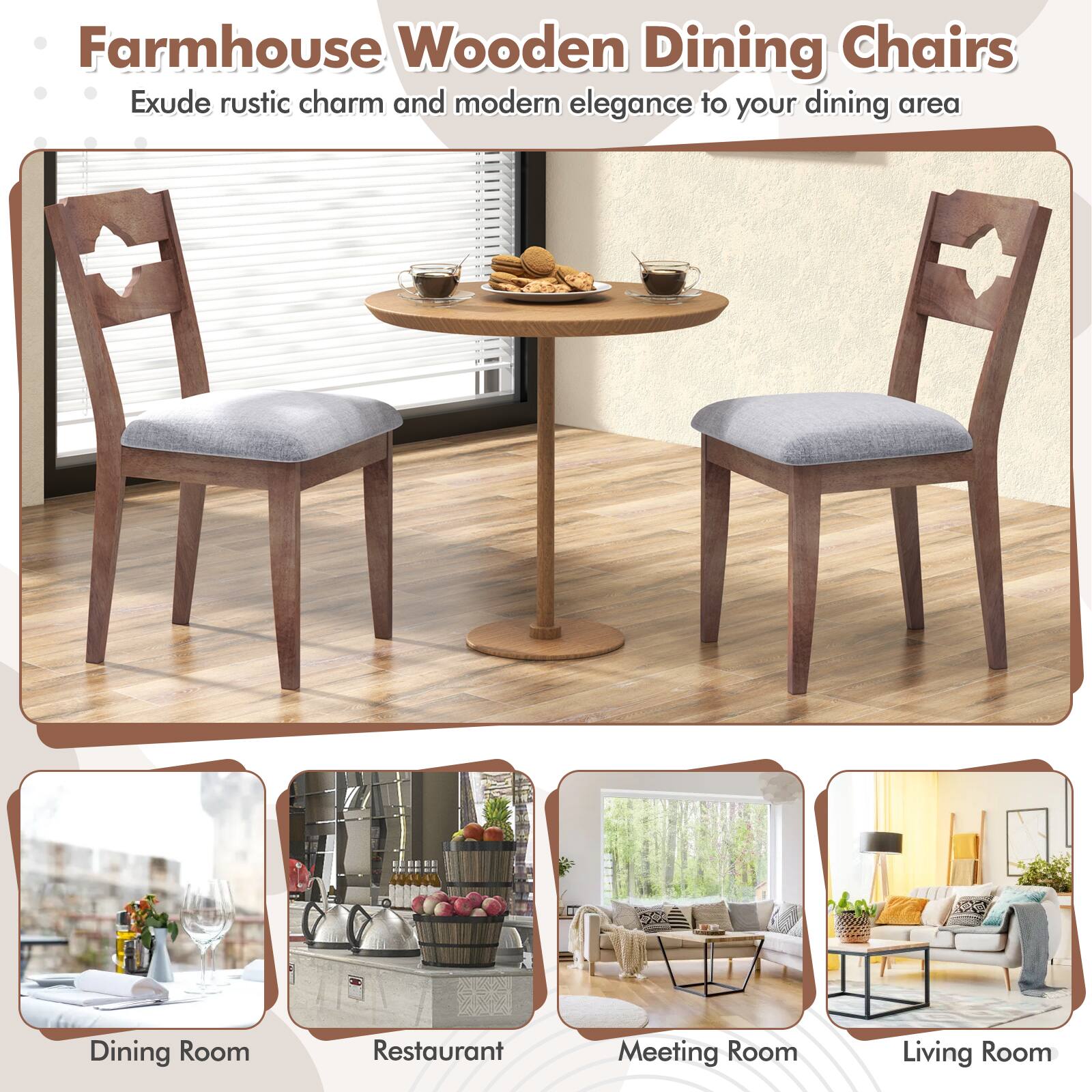 Farmhouse Wooden Dining Chairs  
Exude rustic charm and modern elegance to your dining area  

Dining Room  
Restaurant  
Meeting Room  
Living Room