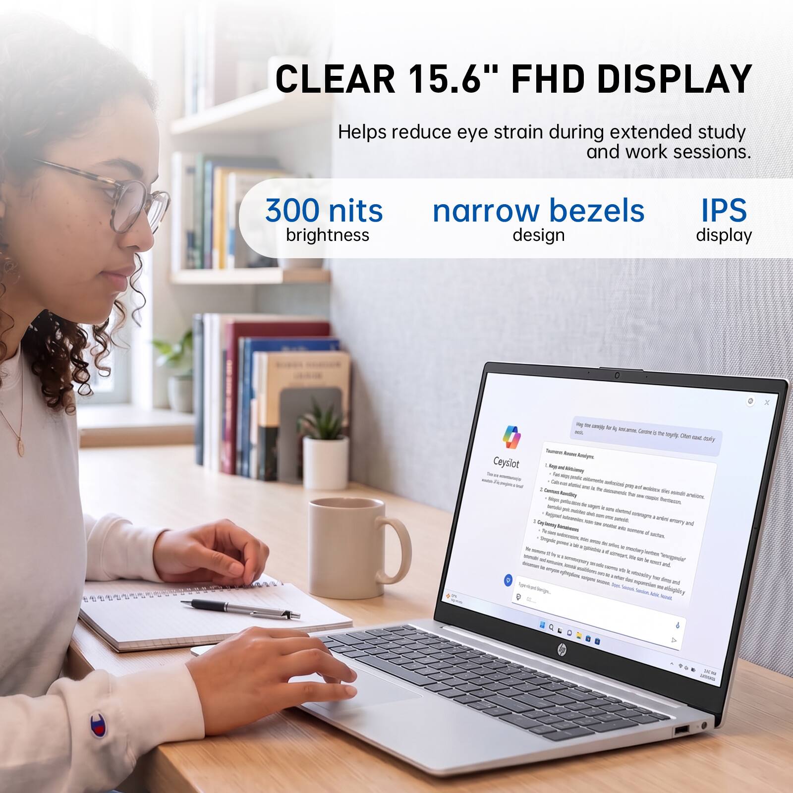 CLEAR 15.6" FHD DISPLAY  
Helps reduce eye strain during extended study and work sessions.  
300 nits brightness  
narrow bezels design  
IPS display