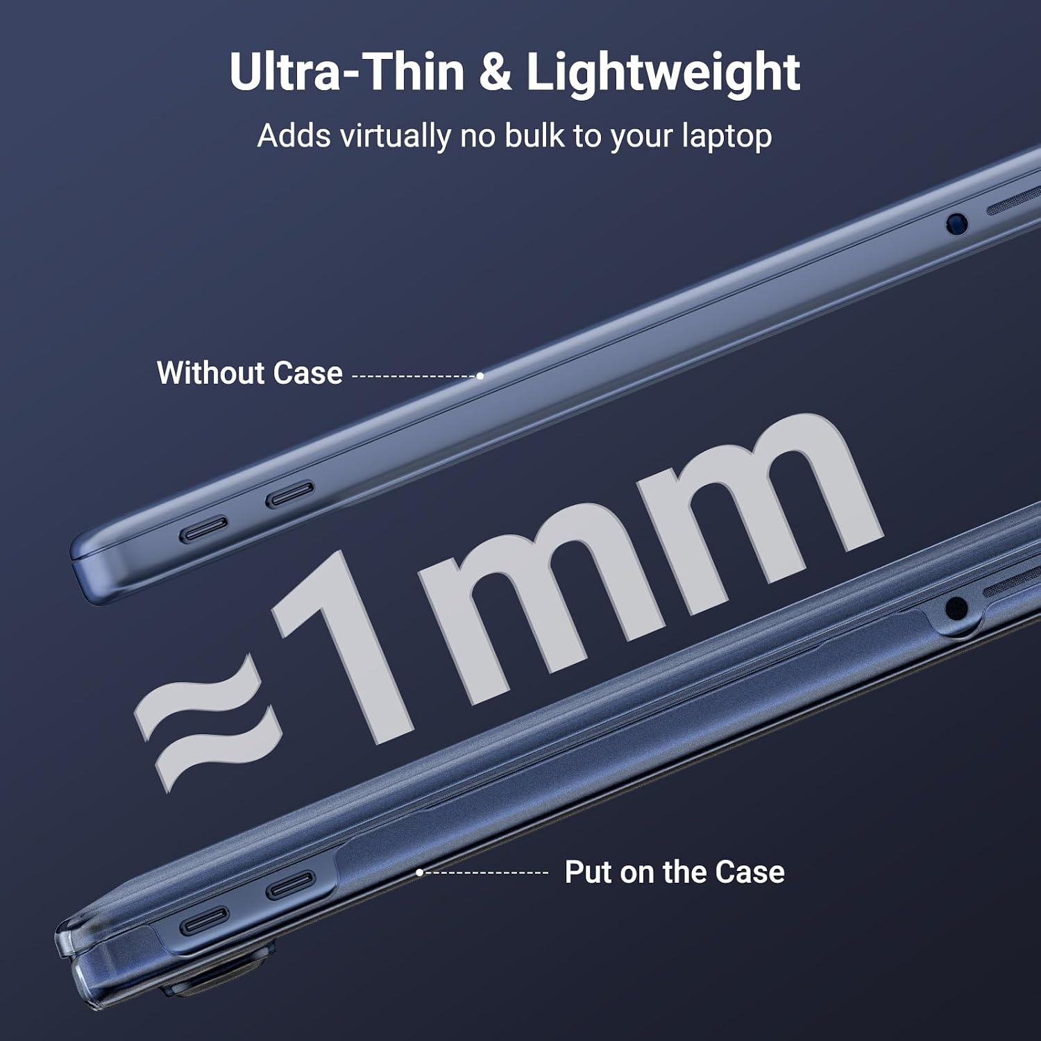 Ultra-Thin & Lightweight  
Adds virtually no bulk to your laptop  

Without Case ~1mm  
Put on the Case
