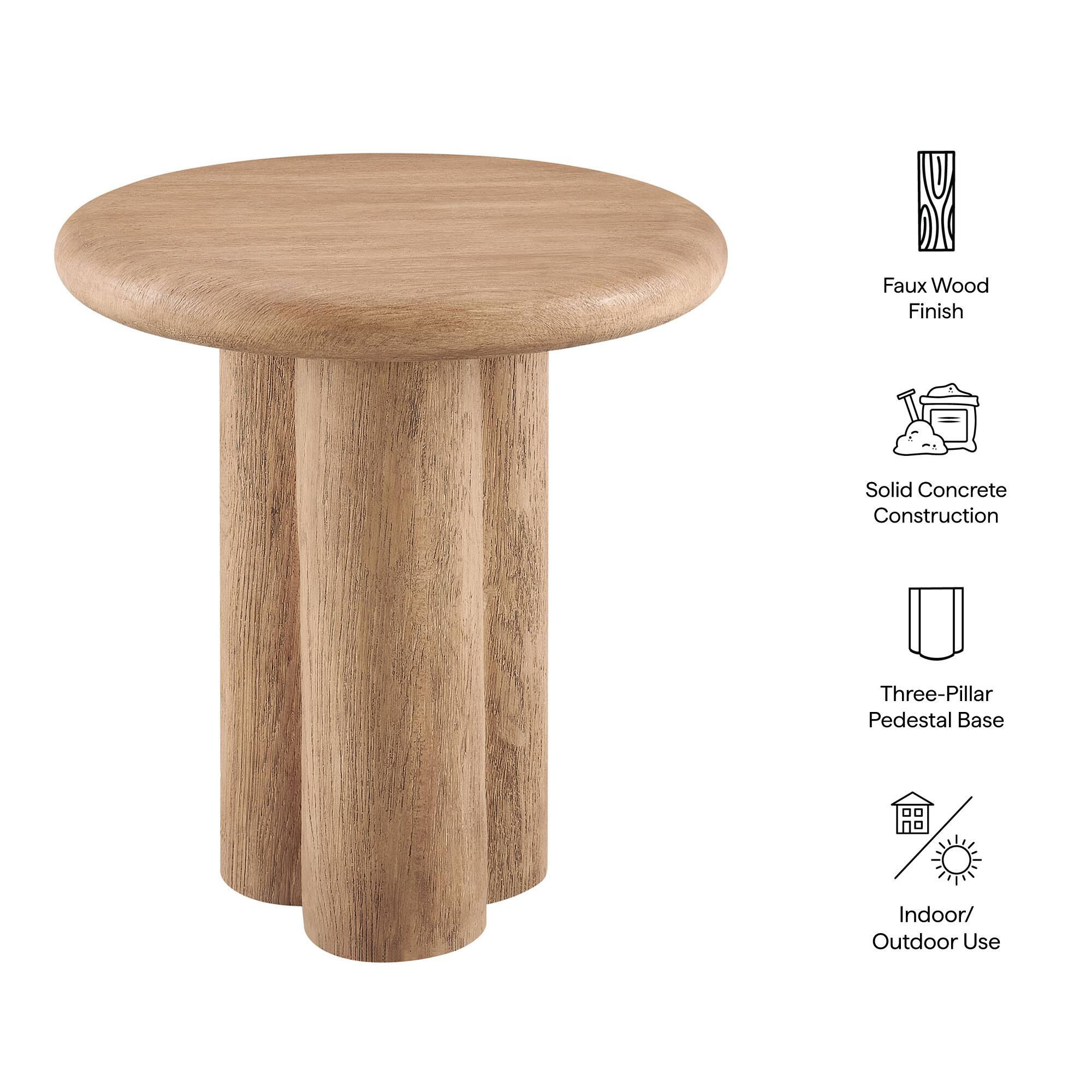Faux Wood Finish  
Solid Concrete Construction  
Three-Pillar Pedestal Base  
Indoor/Outdoor Use