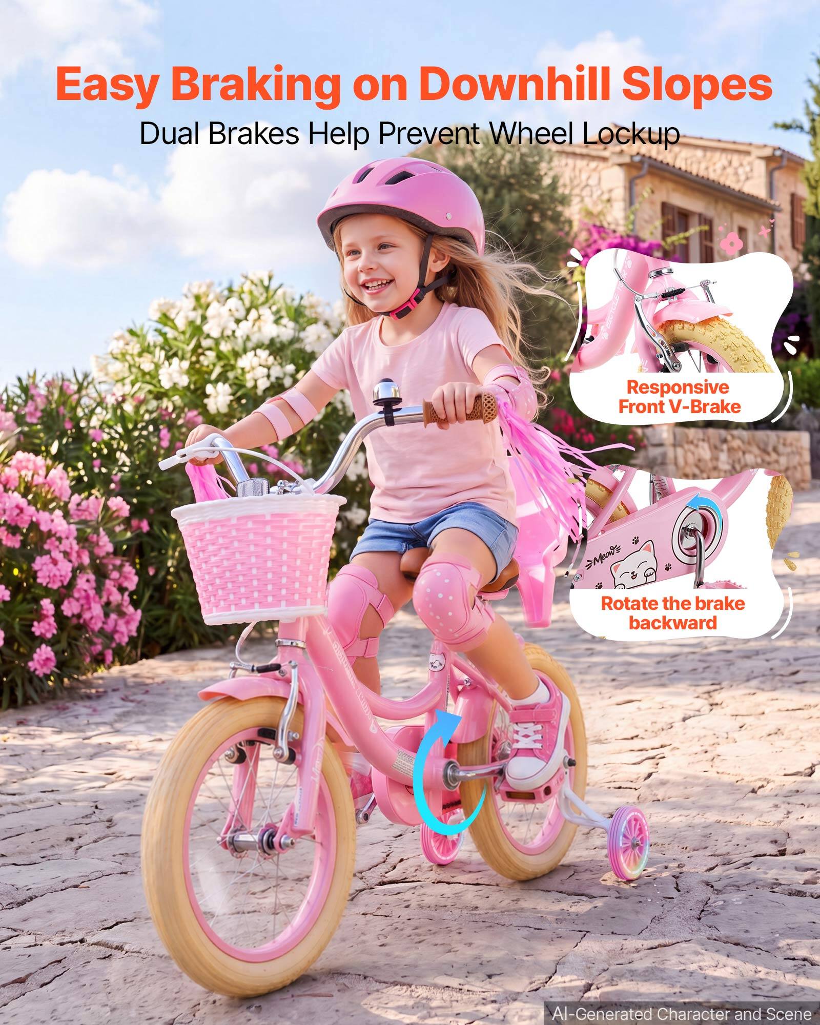 Easy Braking on Downhill Slopes  
Dual Brakes Help Prevent Wheel Lockup  

Responsive Front V-Brake  
Rotate the brake backward  

AI-Generated Character and Scene