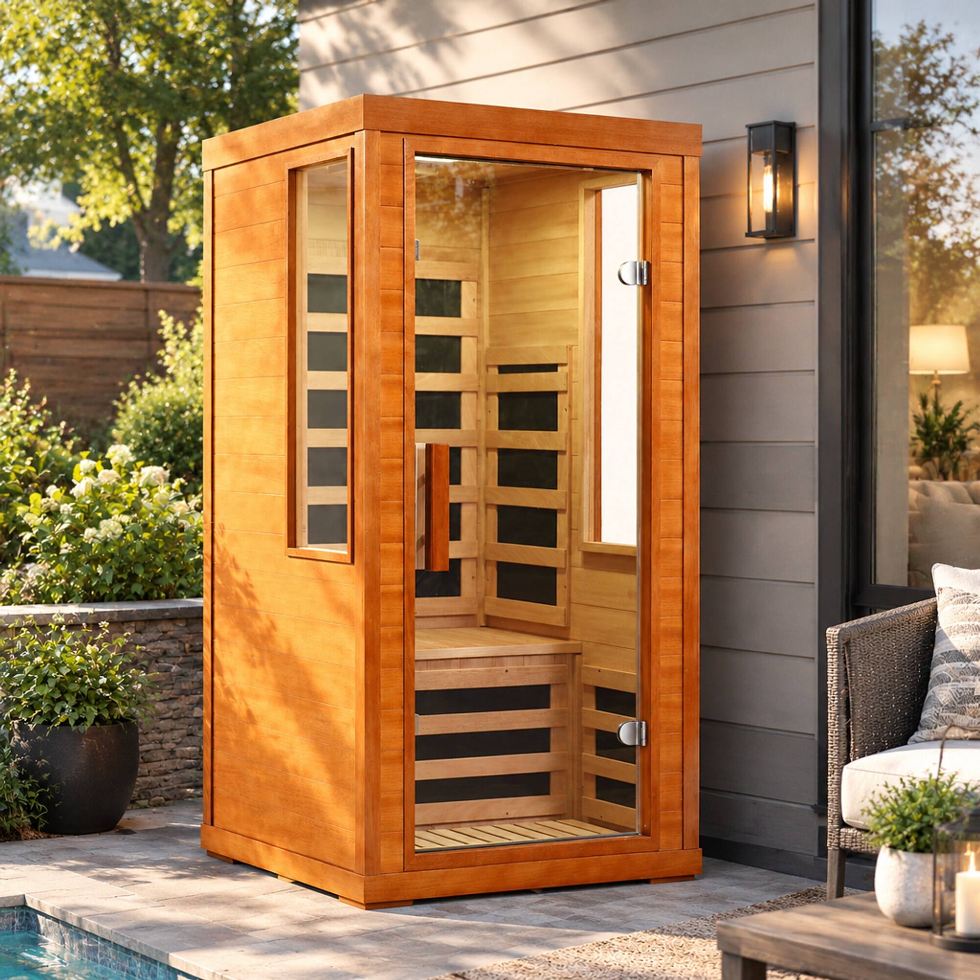 Angle. RYHNUYNE - One Person Far Infrared Sauna, Okoume Wood, 31.5 x 31.5 x 63.3 in, 7 Carbon Fiber Heaters, Bluetooth Audio - Natural.