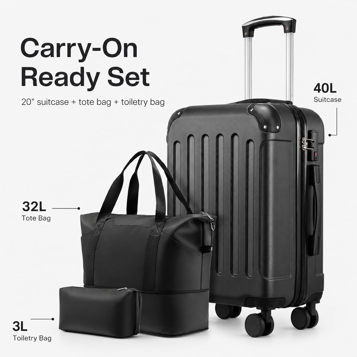 Carry-On Ready Set

20" suitcase + tote bag + toiletry bag

40L Suitcase
32L Tote Bag
3L Toiletry Bag