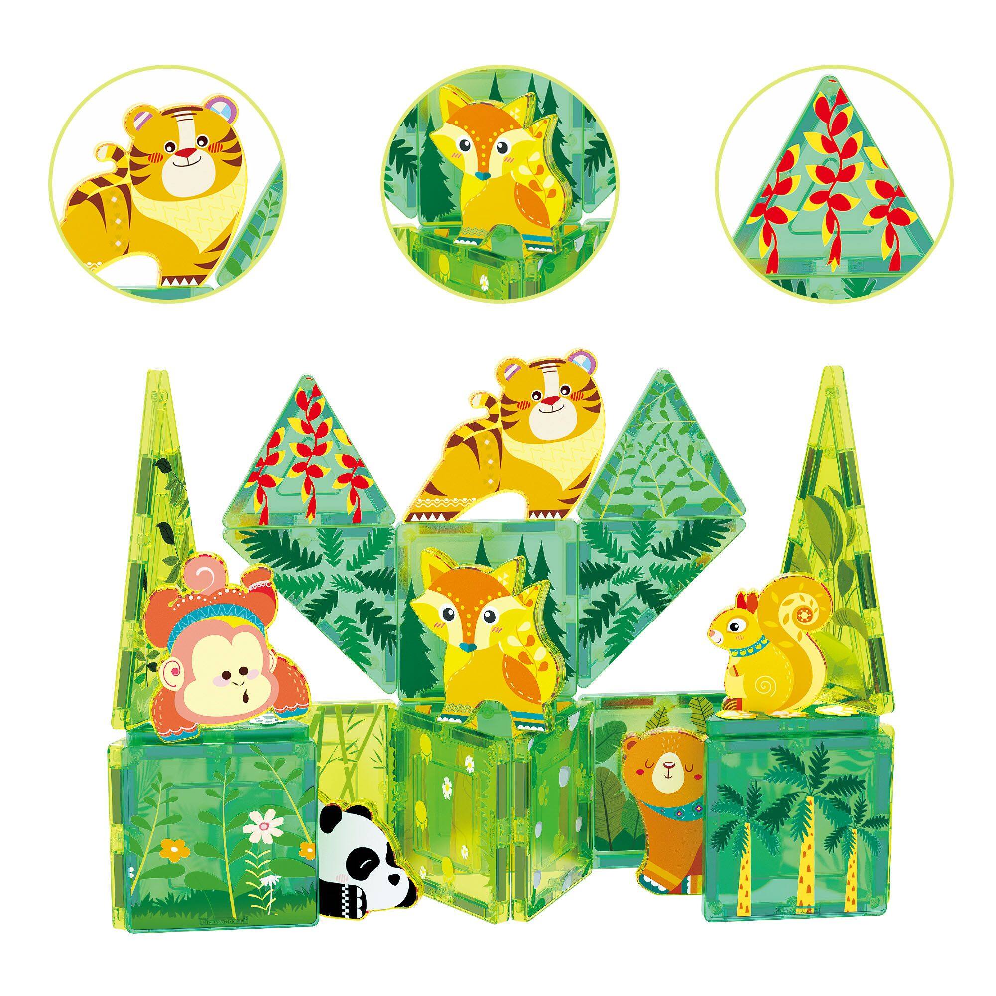Alt View 2. PicassoTiles - PICASSO-TILES Magnetic Tiles for Kids, 26PCS Forest Animals Theme, Construction STEM Building Blocks Educational Toy - Multicolor.