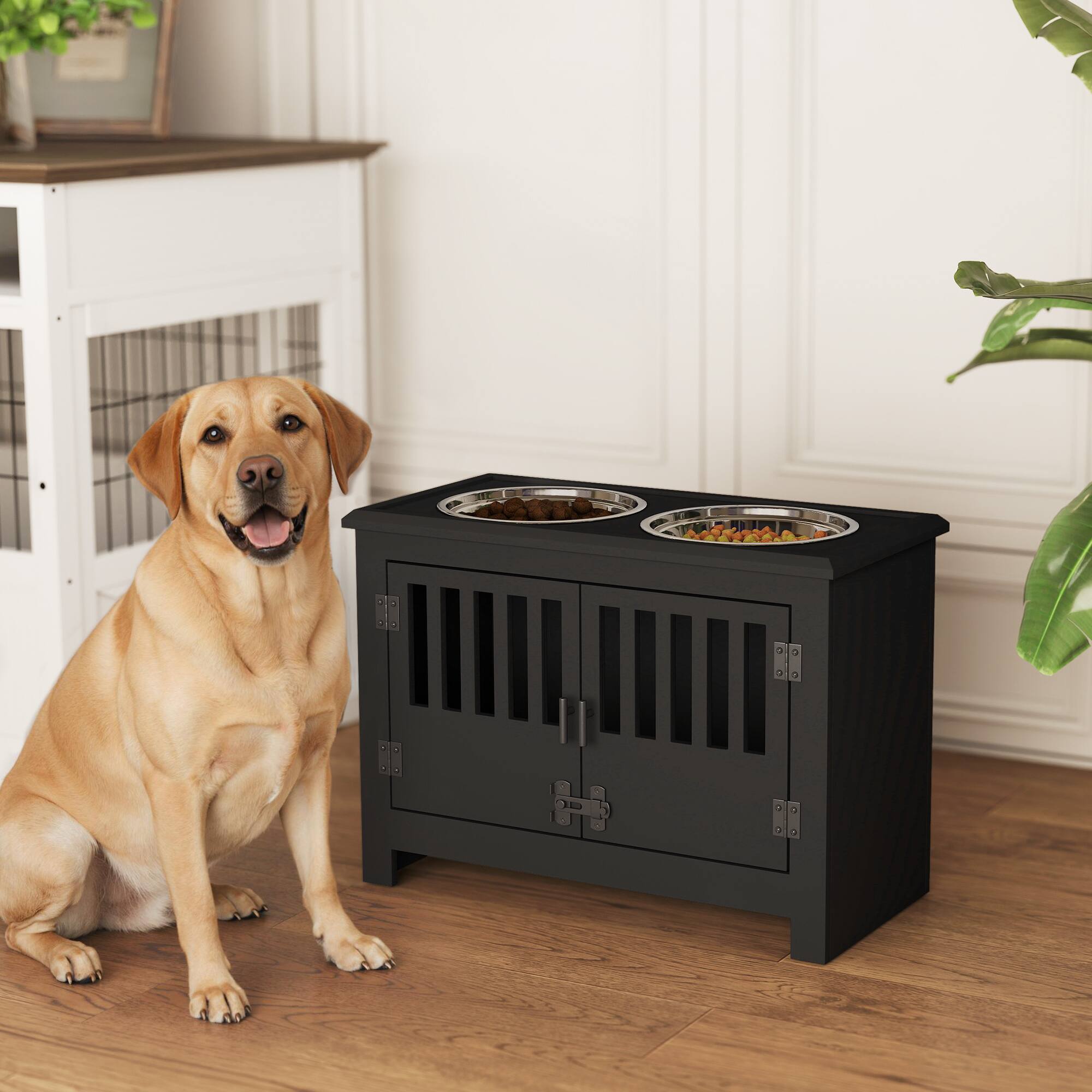 Alt View 1. Pawhut - Dog Food Storage Cabinet with Bowls & Dog Feeding Station - Black.