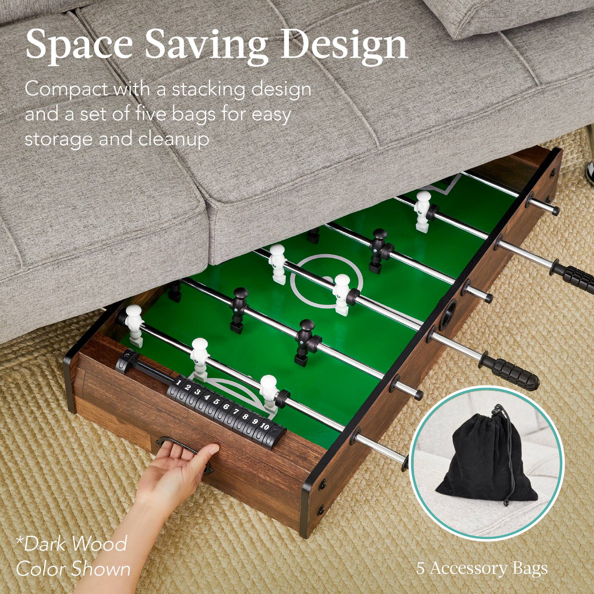 Space Saving Design: Compact with a stacking design and a set of five bags for easy storage and cleanup. *Dark Wood Color Shown. 5 Accessory Bags.