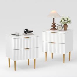GARVEE - 2pcs Modern Nightstand with 2 Drawers, Golden and Wood Fluted Night Stand with Charging Station - White