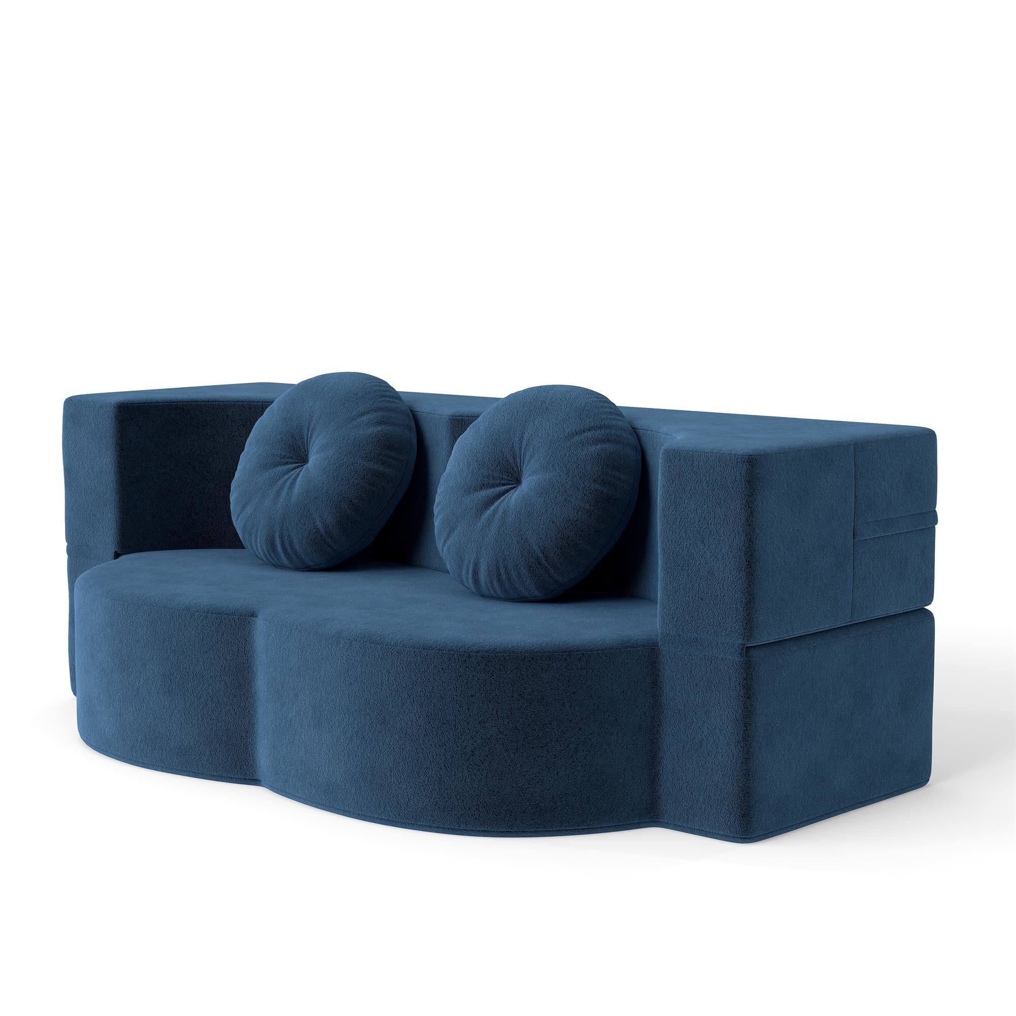 Angle. COWLOWN - Modern Floor Sofa Convertible Plush Corduroy Foam Filled Sleeper Sofa Bed 14.2in Folding Mattress Blue - Blue.