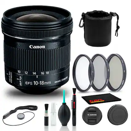 Canon EF-S 10-18mm f/4.5-5.6 IS STM Lens
Canon Lens Hood
Canon Lens Cap
Canon Lens Cleaning Kit (includes brush, cloth, and solution)
Canon Lens Cleaning Spray
Canon Lens Cleaning Pen
Canon Lens Cleaning Cloth
Canon Lens Case
Canon Lens Filter Set (UV, ND, CPL)