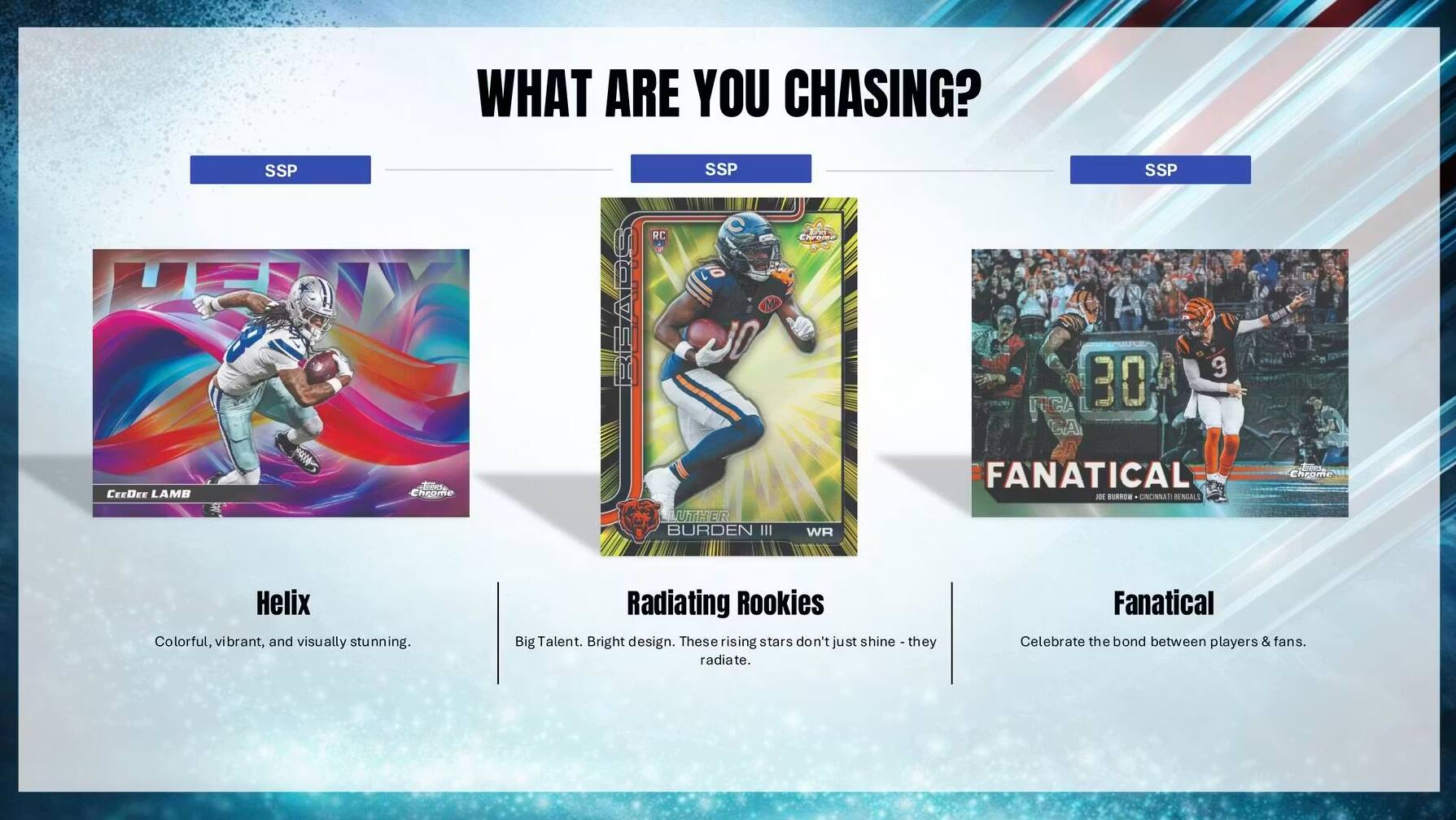 WHAT ARE YOU CHASING?  
CEEDee LAMB SSP  
3 FS  
ChromO RBADS RC SSP  
Chreed SSP A  
9 NICA  
30 GA  
FANATICAL JD BURROW ONCINNATI RENUALS  
Chrome LUTHER BURDEN III WR  

Helix  
Colorful, vibrant, and visually stunning.  

Radiating Rookies  
Big Talent. Bright design. These rising stars don't just shine—they radiate.  

Fanatical  
Celebrate the bond between players & fans.