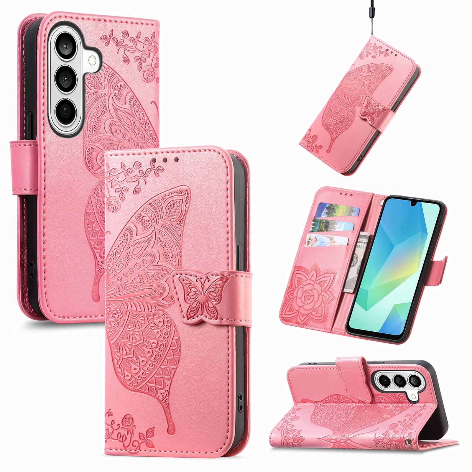 Angle. Dteck - Wallet Case for Samsung Galaxy S25 FE, Embossed Butterfly Pattern Leather Card Slots Flip Stand Cover+Strap - Pink.