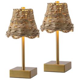 Jonathan Y - Willow 11" Coastal Cordless Rechargeable Table Lamp Set of 2, with Brown Water Hyacinth Shade, Touch Dimmer - Brass Gold