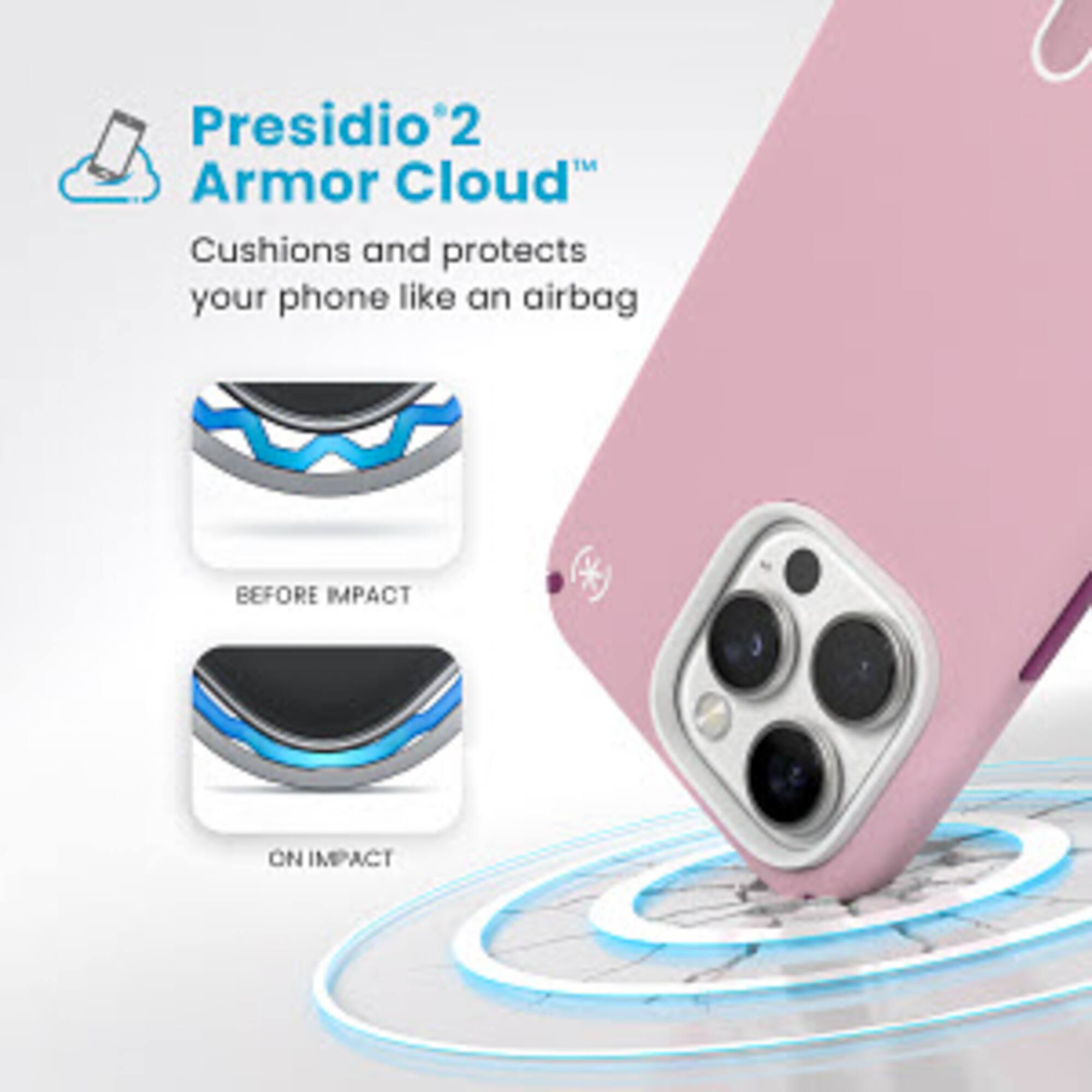 Presidio 2 Armor Cloud Cushions and protects your phone like an airbag. Before impact. On impact.