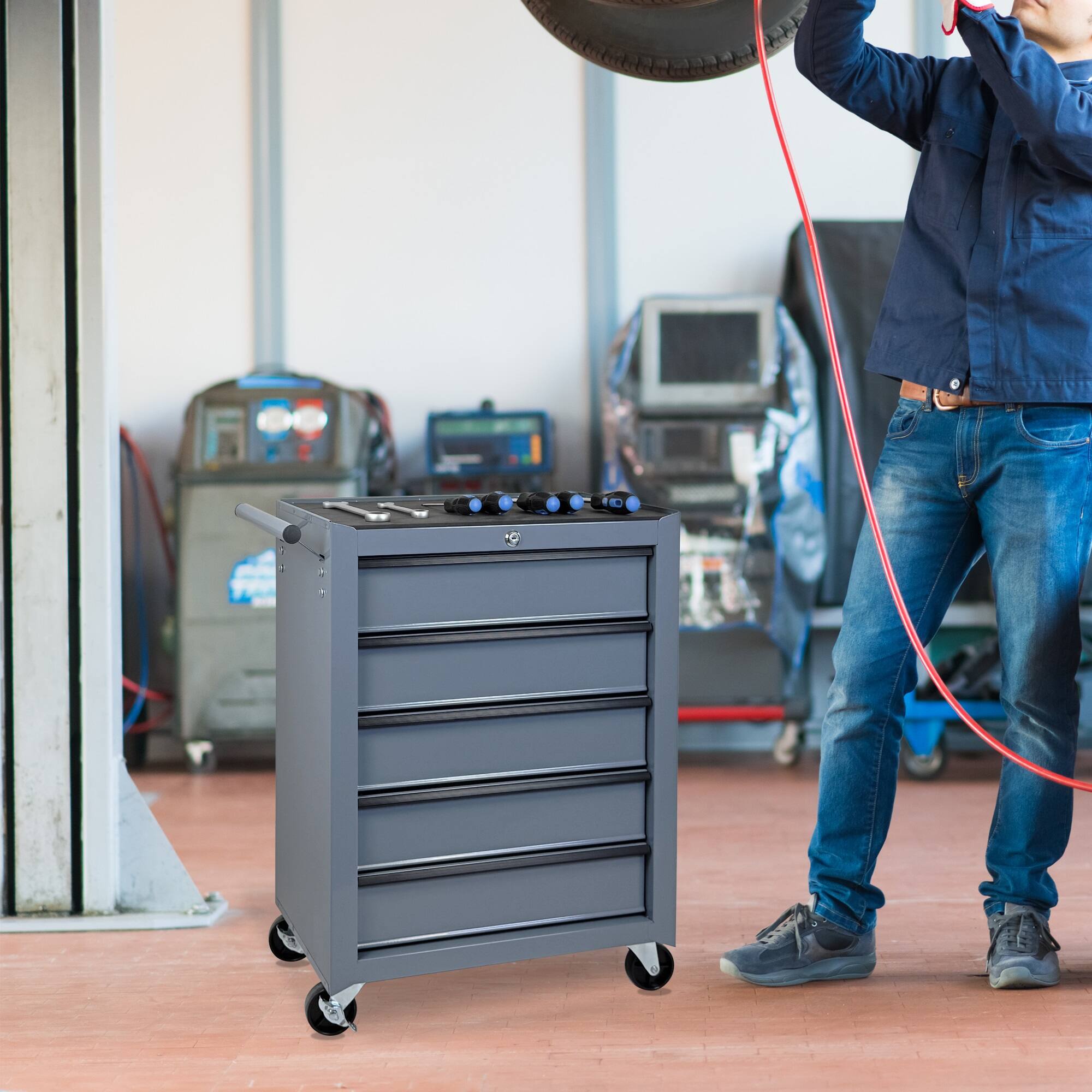 Alt View 5. Boyel Living - GREY Rolling Metal Tool Chest with 5 Drawers, 20" 5-Drawer Tool Chest Cabinet.