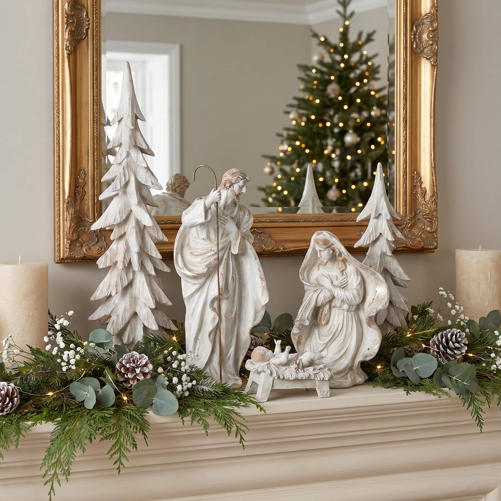 Glitzhome - S/5 Resin Holy Family with Christmas Trees - White