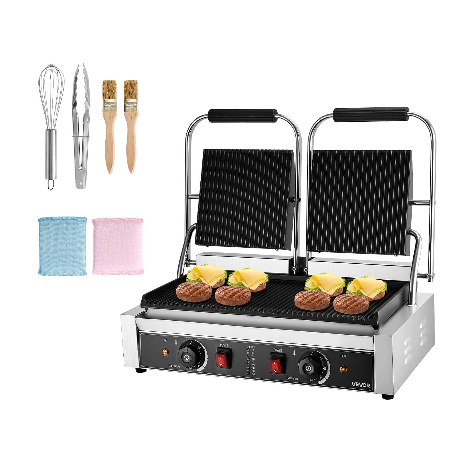 VEVOR - Commercial Panini Grill, 3600W Electric Sandwich Panini Maker, Stainless Steel Double Sandwichs Press with Handle - Silver