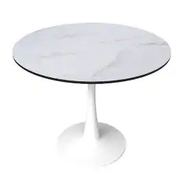 LeisureMod - Bristol 35 in. Round MDF Wood Dining Table in Stainless Steel Pedestal Base Modern Kitchen Table - White/Marbled White