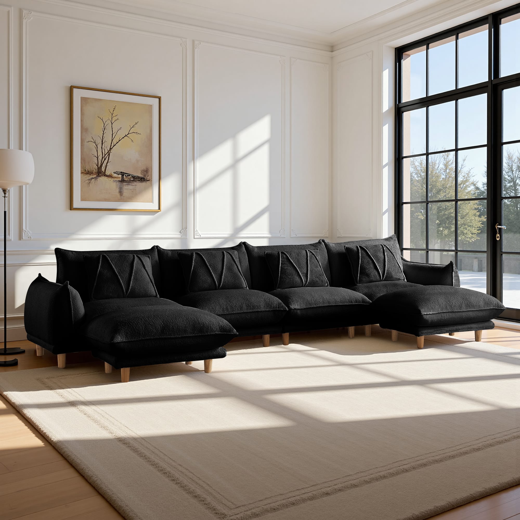 Meqiodas - Modular Sectional Sofa with Ottoman, Modern L-Shaped Couch Cloud Couch with Ottoman & 4.7" High Legs - Black(4+2)