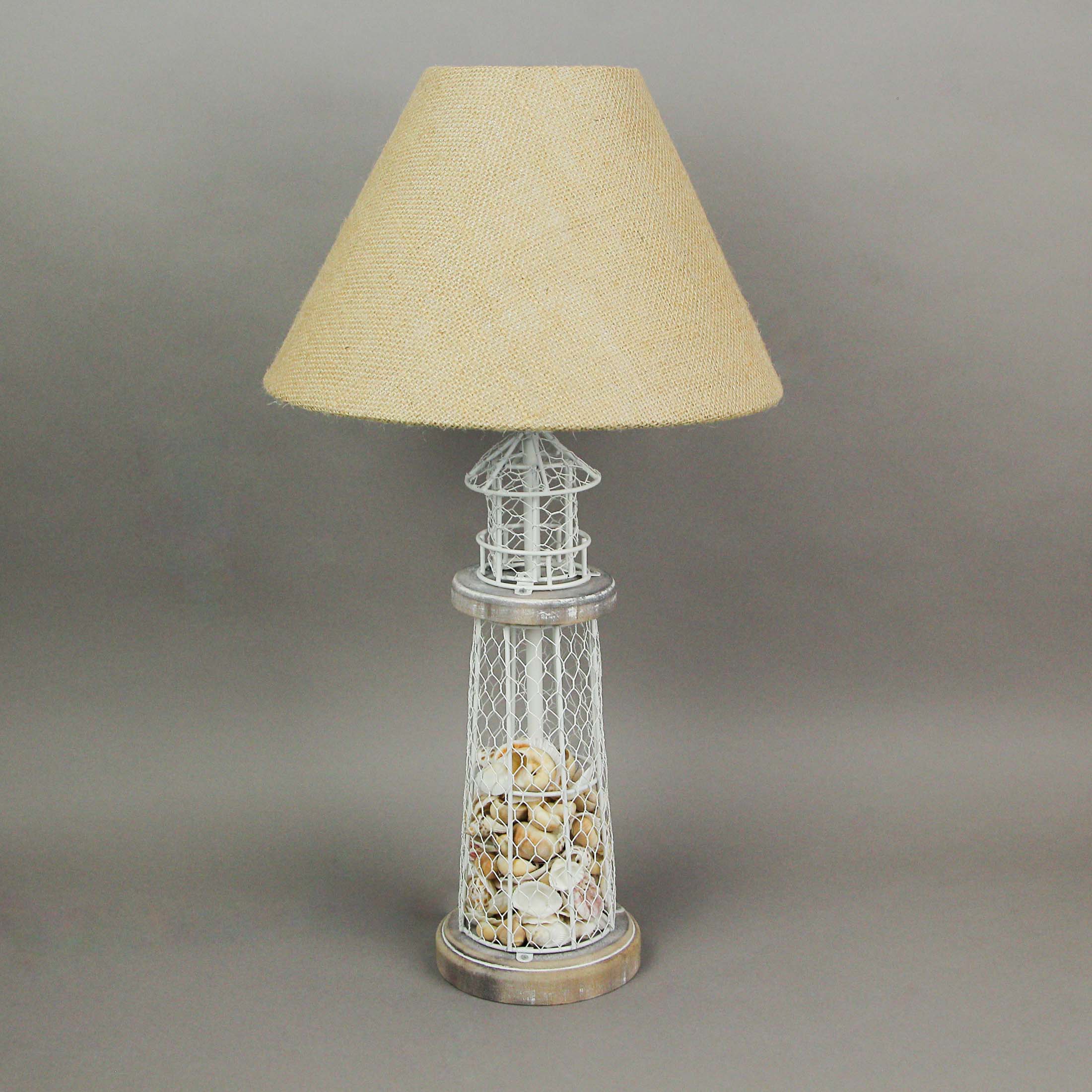 Alt View 2. Zeckos - White and Grey Metal Real Seashell Lighthouse Table Lamp with Burlap Shade - White.