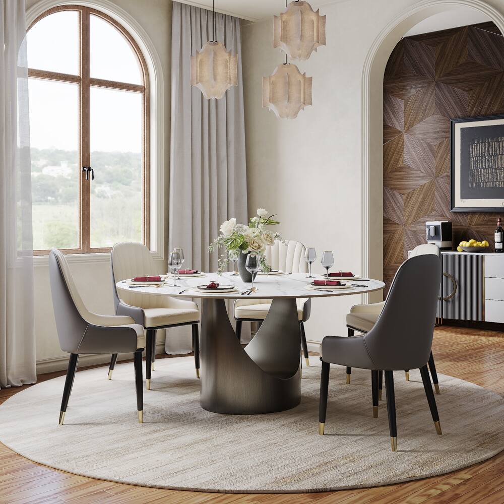 Left. POVISON - 59" Round White Matte Sintered Stone Dining Table with Gray U-shaped Steel Base - White Matte Sintered Stone with Gray Steel Base.