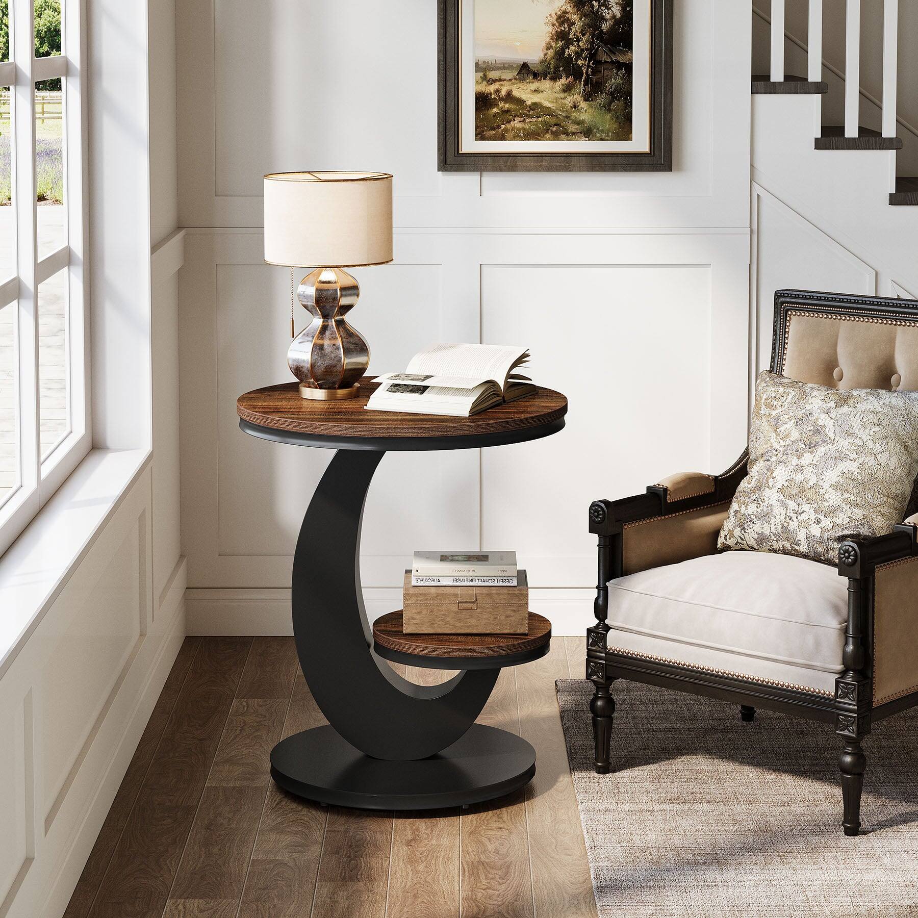 Angle. Tribesigns - End Table with Engineered Wood Construction and Storage Shelves for Living Room, Bedroom and Entryway - Brown.
