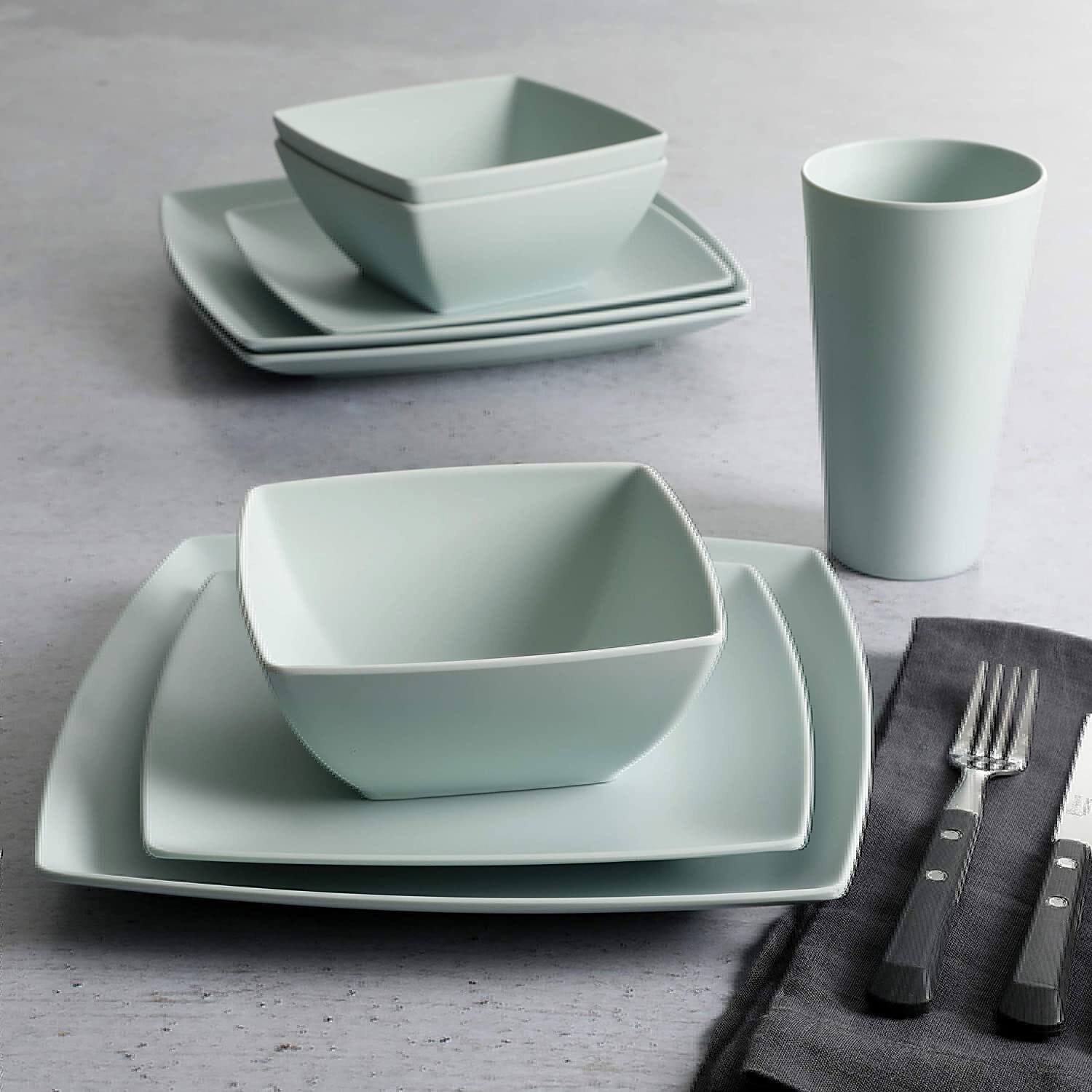 Alt View 4. Gibson - Gibson Home 16 Piece Square Melamine Dinnerware Set Plates, Bowls, & Cups, Mint - Mint.