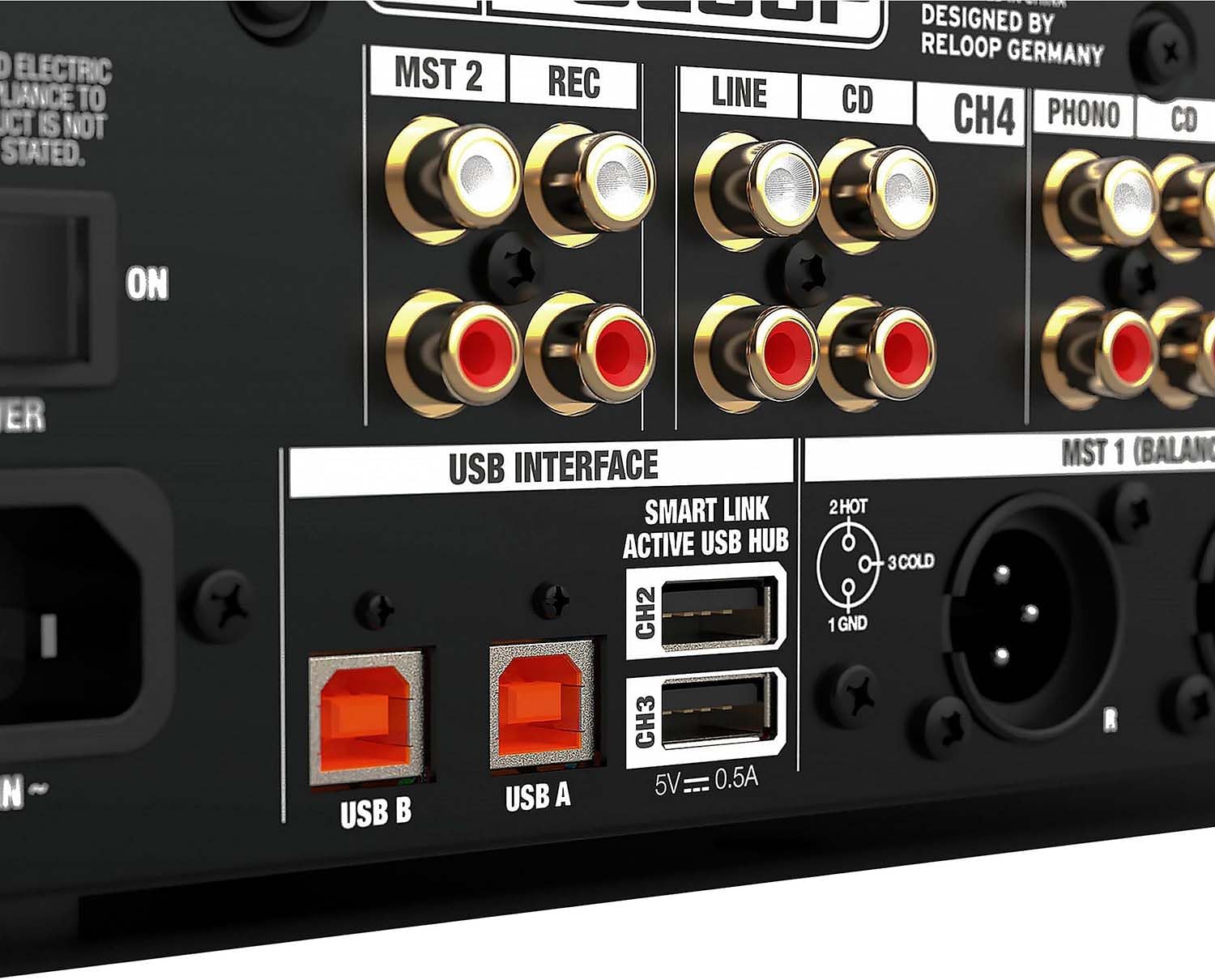 - ELECTRIC LIANCE TO CT IS NOT STATED.
- DESIGNED BY RELOOP GERMANY
- MST 2
- REC
- LINE
- CD
- CH4
- PHONO
- CD
- USB INTERFACE
- SMART LINK ACTIVE USB HUB
- CH2
- 2HOT
- 3COLD
- 1 GND
- MST 1 (BALAN)
- USB A
- USB B
- CH3
- 5V = 0.5A