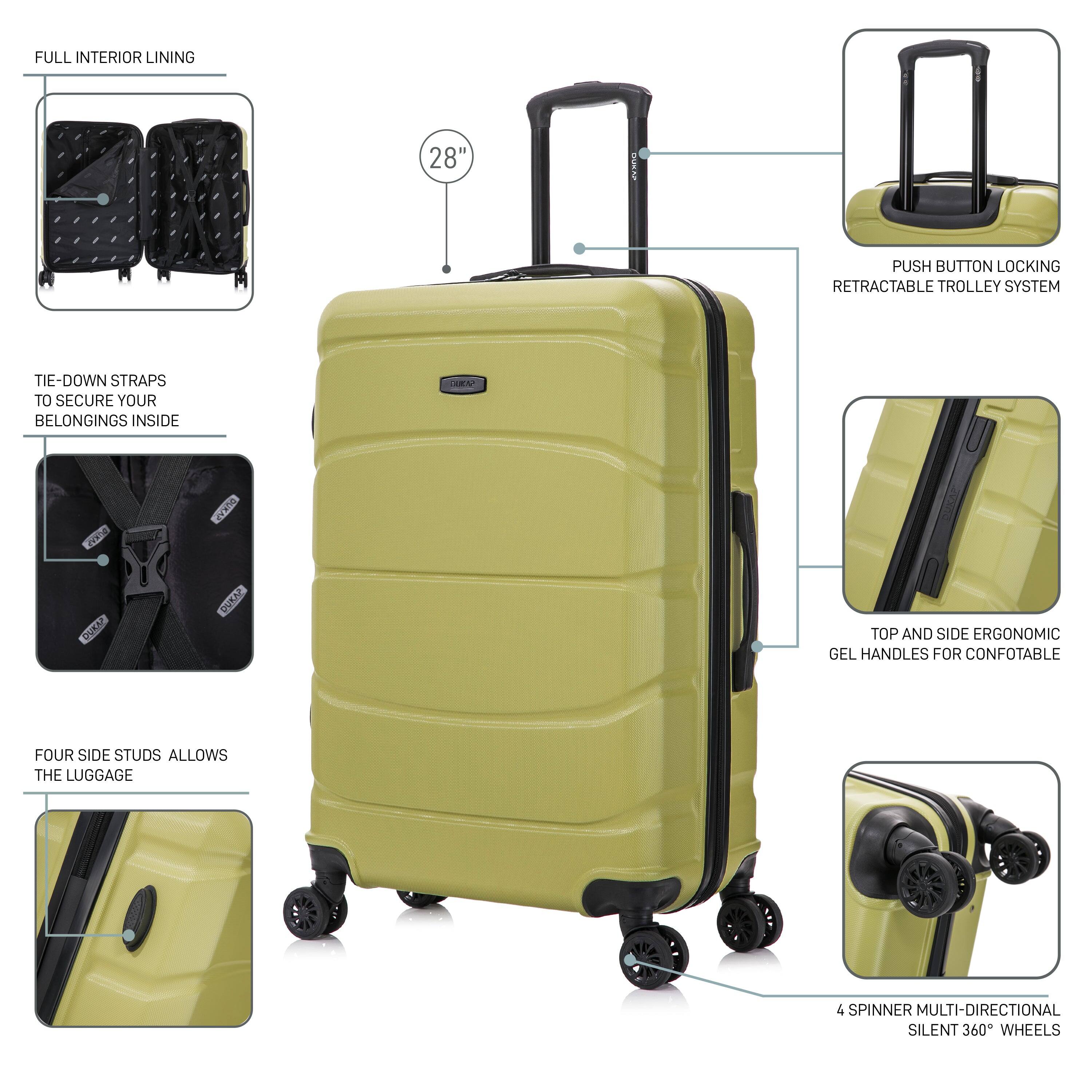 - FULL INTERIOR LINING
- 28" PUSH BUTTON LOCKING RETRACTABLE TROLLEY SYSTEM
- TIE-DOWN STRAPS TO SECURE YOUR BELONGINGS INSIDE
- FOUR SIDE STUDS ALLOWS THE LUGGAGE
- TOP AND SIDE ERGONOMIC GEL HANDLES FOR COMFORTABLE
- 4 SPINNER MULTI-DIRECTIONAL SILENT 360° WHEELS