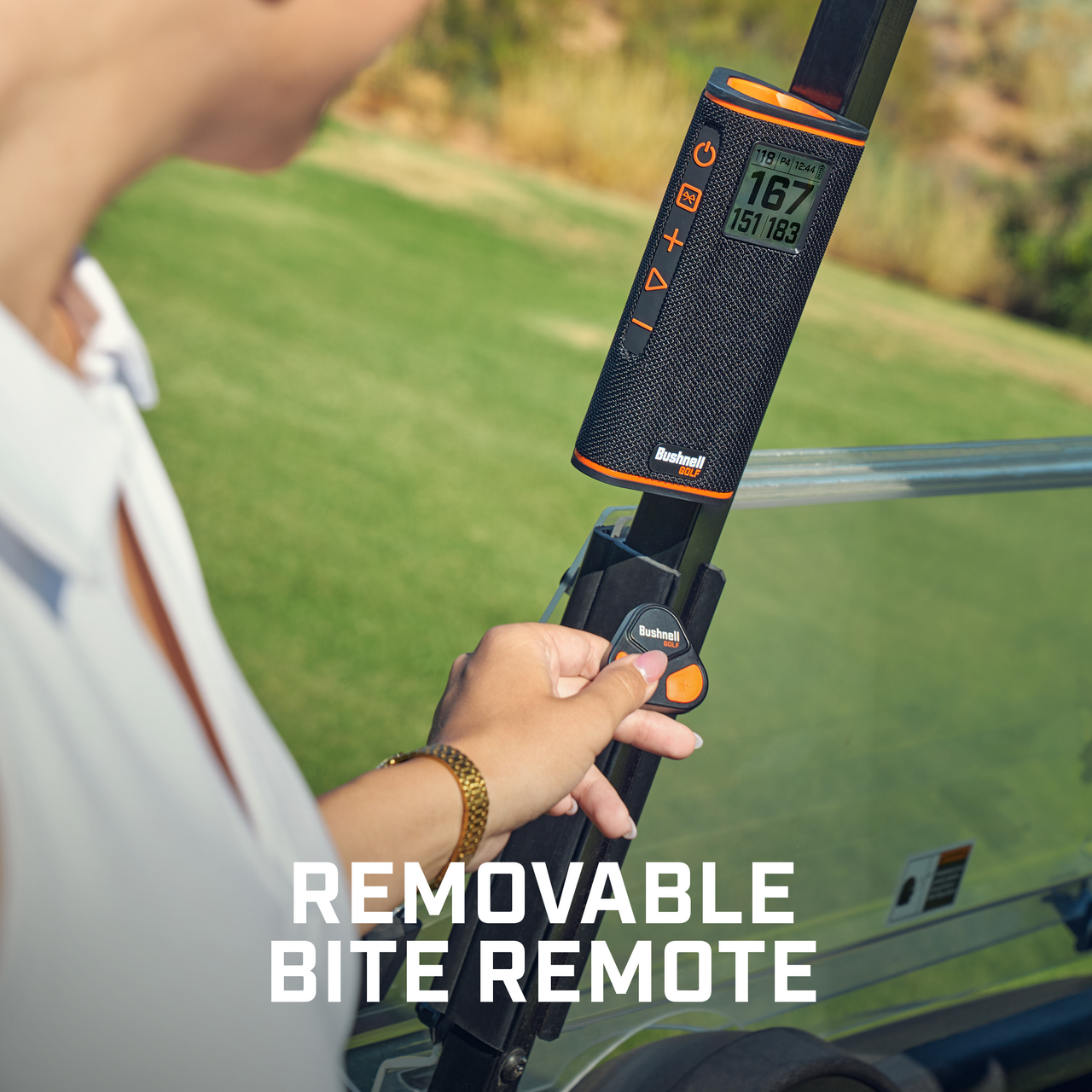 The text on the image reads: "9e + 18 N 1244 167 151 183 Bushnell SOLA Bushnell - REMOVABLE BITE REMOTE."