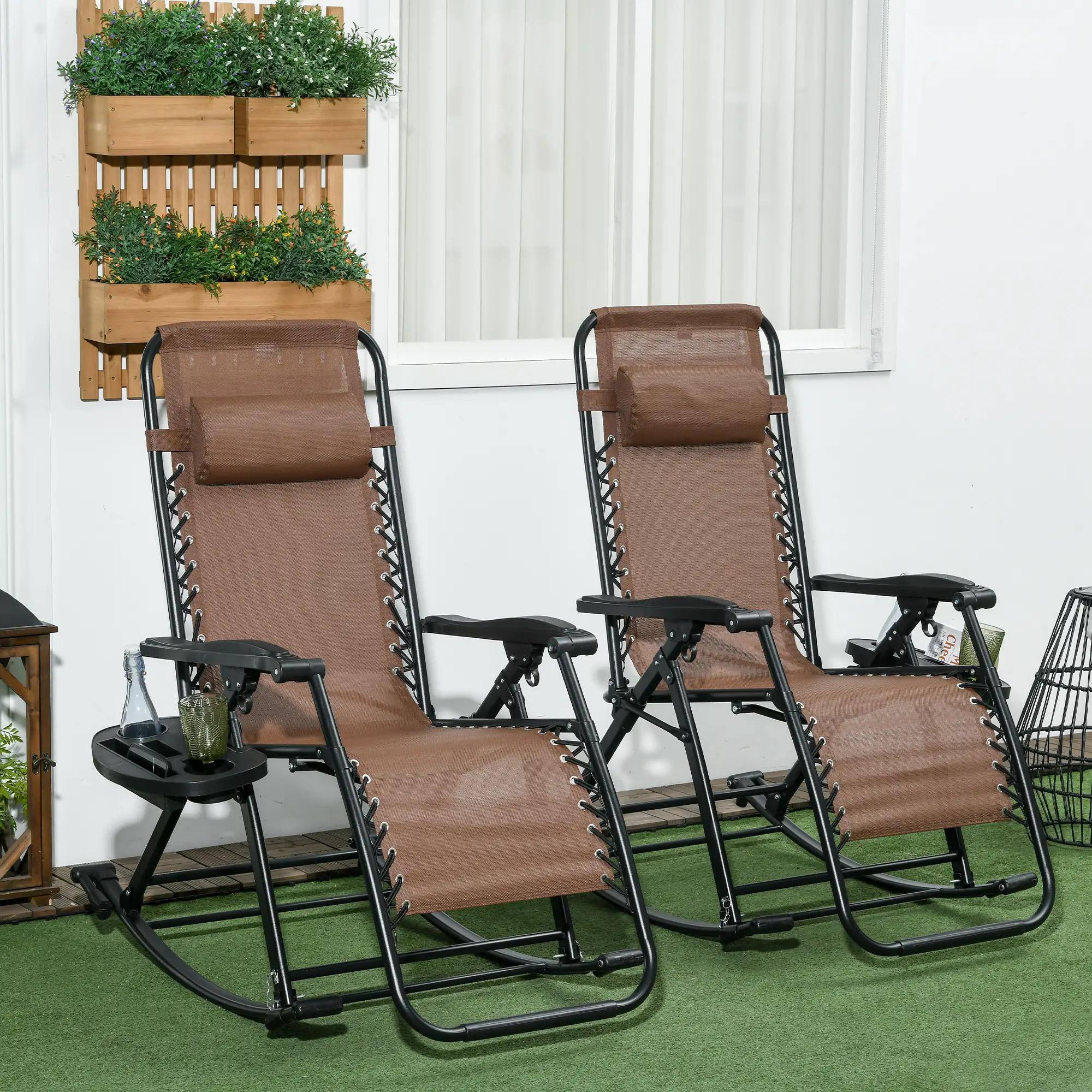 Left. Resenkos - Resenkos Zero-Gravity Recliners, Foldable Outdoor Loungers with Pillow, Cup & Phone Holder, Relaxation, Brown - Brown.