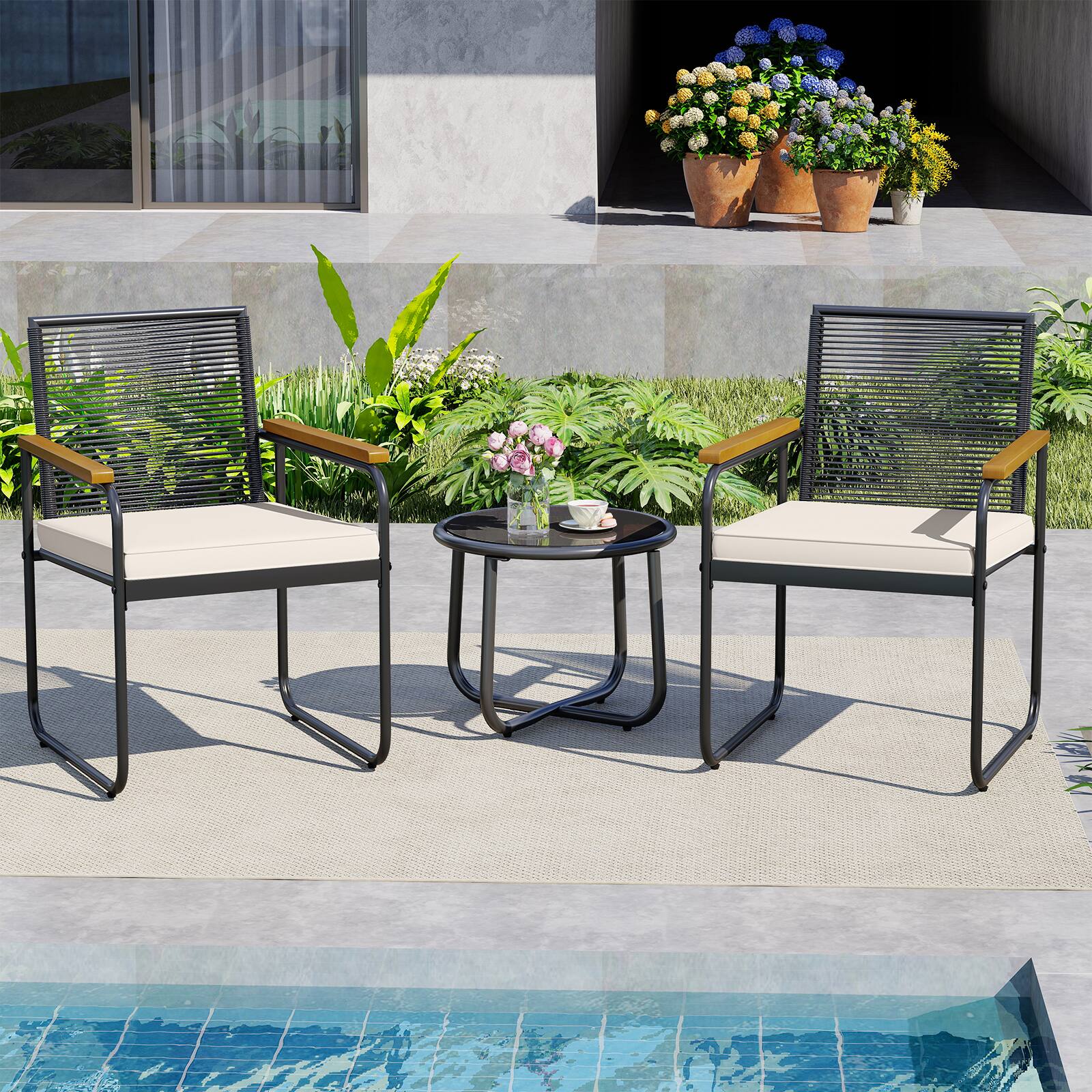 Alt View 4. Costway - Costway 3 PCS Patio Furniture Set with Round Tempered Glass Top Table Armrests & Cushions - Black.