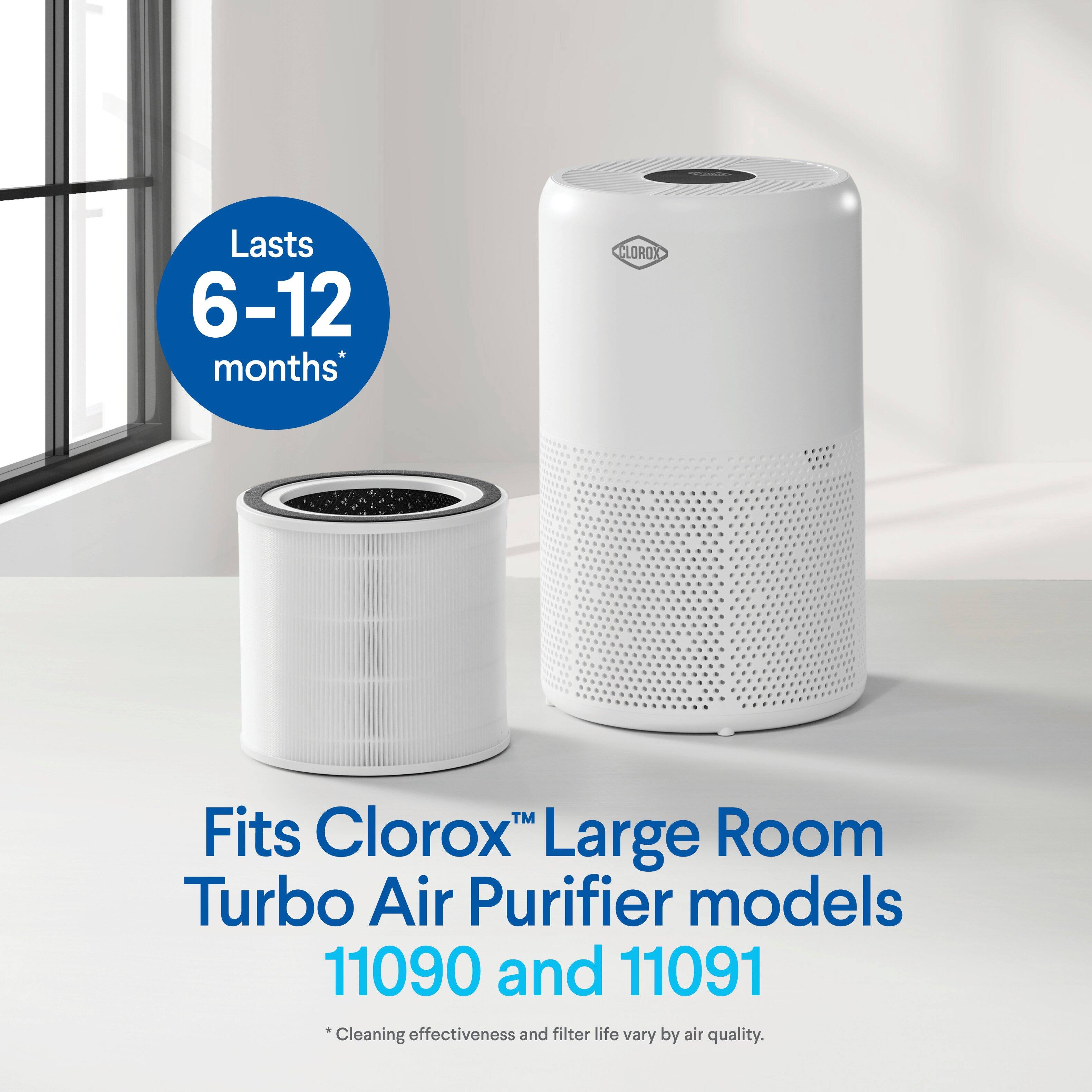 Lasts 6-12 months*

CLOROX

Fits Clorox Large Room Turbo Air Purifier models 11090 and 11091

*Cleaning effectiveness and filter life vary by air quality.