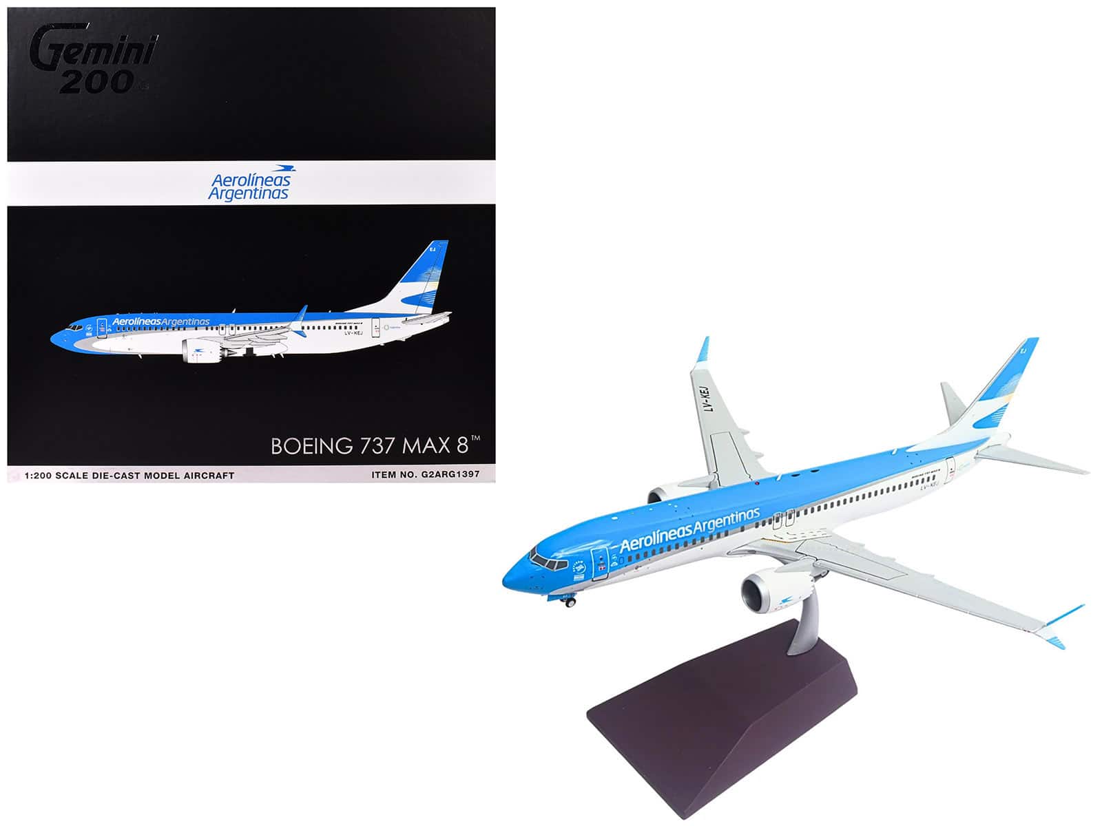Boeing 737 MAX 8 Aerolineas Argentinas LV-KEJ White Blue GeminiJets 1/200 Diecast Model Airplane - Multi