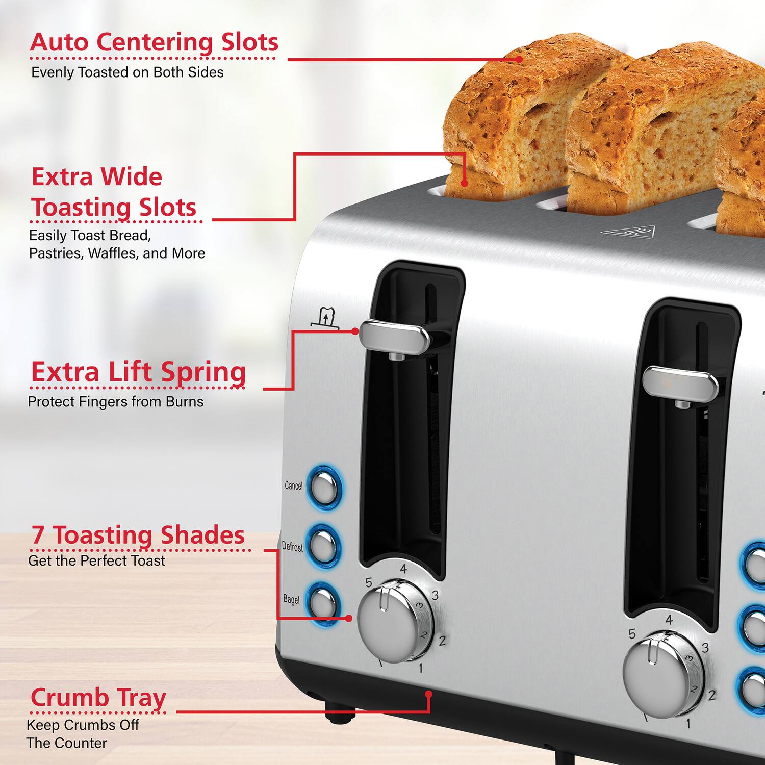 Auto Centering Slots  
Evenly Toasted on Both Sides  

Extra Wide Toasting Slots  
Easily Toast Bread, Pastries, Waffles, and More  

Extra Lift Spring  
Protect Fingers from Burns  

7 Toasting Shades  
Get the Perfect Toast  

Crumb Tray  
Keep Crumbs Off The Counter  

Defrost  
Bagel  

Cancel