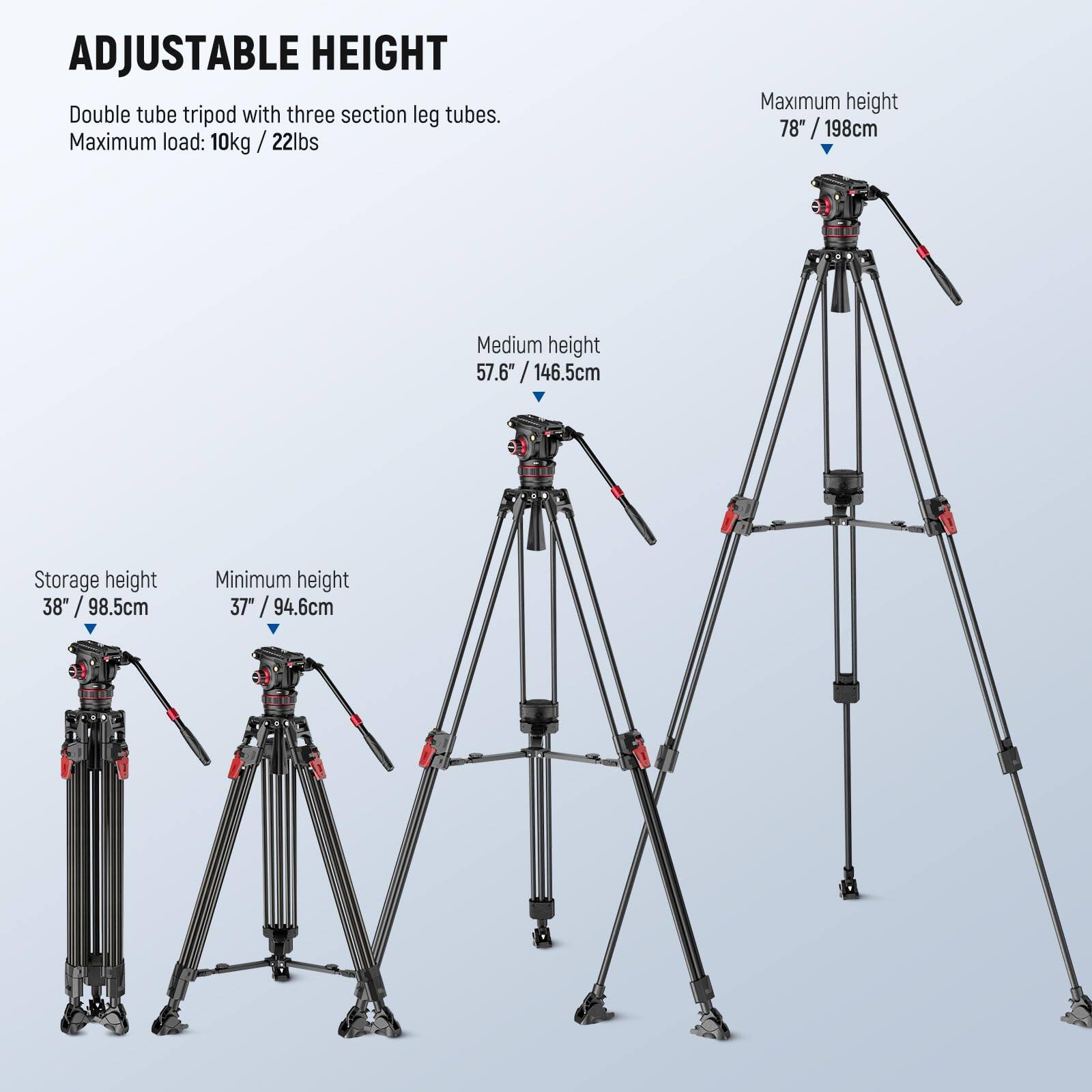ADJUSTABLE HEIGHT

Double tube tripod with three section leg tubes.  
Maximum load: 10kg / 22lbs  

Maximum height: 78" / 198cm  
Medium height: 57.6" / 146.5cm  
Storage height: 38" / 98.5cm  
Minimum height: 37" / 94.6cm