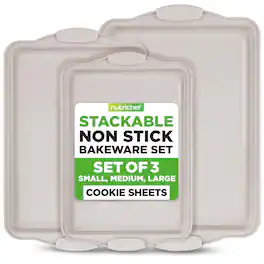 NutriChef - NCBKT3CM 3 Piece Nonstick Cookie Sheets for Baking - Carbon Steel Baking Pans - Cream Marble