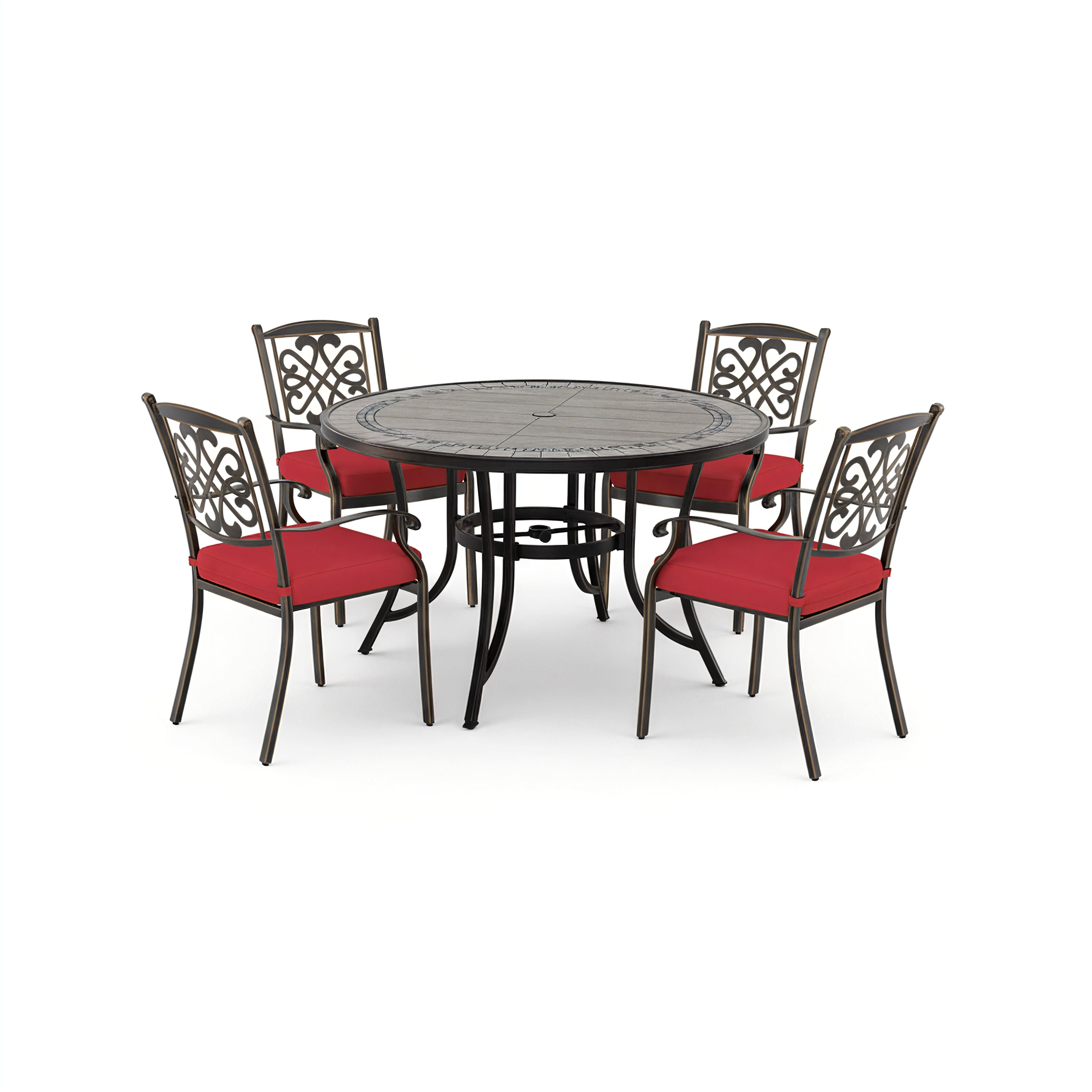 Mondawe - 5-Piece Outdoor Dining Set with Round Umbrella Hole Table and Cast Aluminum Chairs with Cushions - Bronze+Red