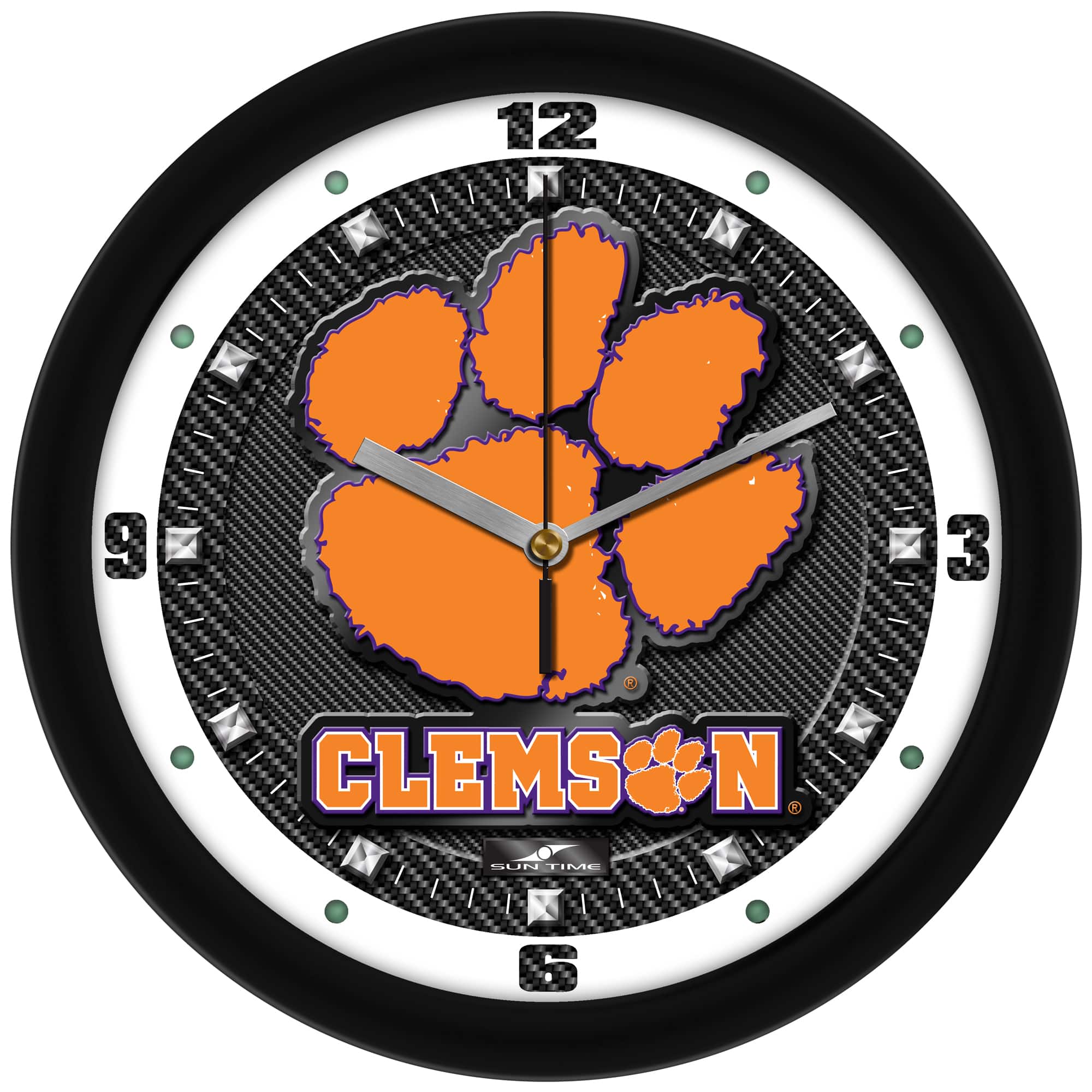 MpDirect - Clemson Tigers 11.5'' Suntime Premium Glass Face Carbon Fiber Wall Clock - Multicolor