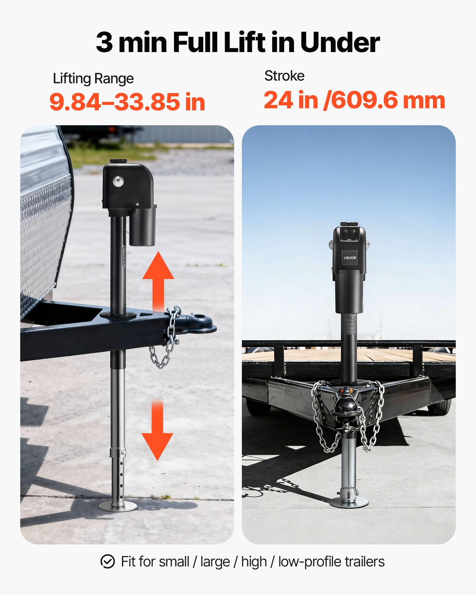 3 min Full Lift in Under

Lifting Range
9.84–33.85 in

Stroke
24 in /609.6 mm

Fit for small / large / high / low-profile trailers