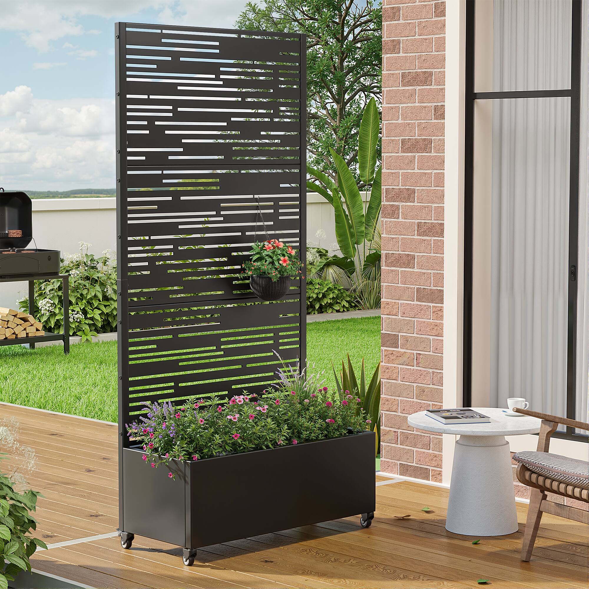 Alt View 1. PexFix - 72 in. H x 35 in. W Shine Pattern Rectangle Metal Planter Box Raised Garden Beds with Trellis-Ideal for Balcony - Black.
