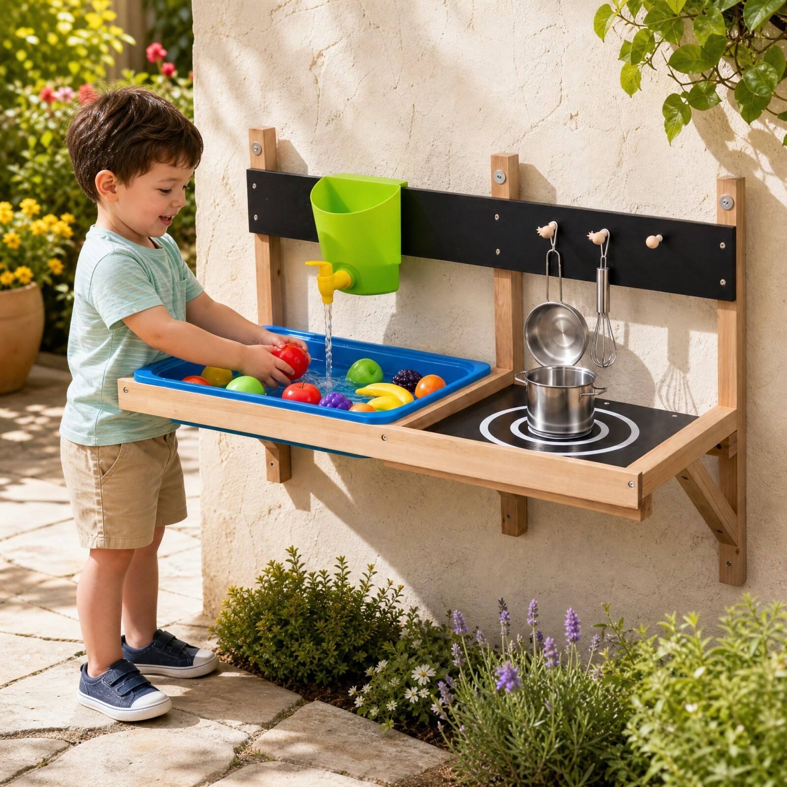 Alt View 3. Costway - Costway Kids Wall Mounted Mud Kitchen Wooden Play Kitchen with Sink Faucet Stove Ages 3+ - Multicolor.
