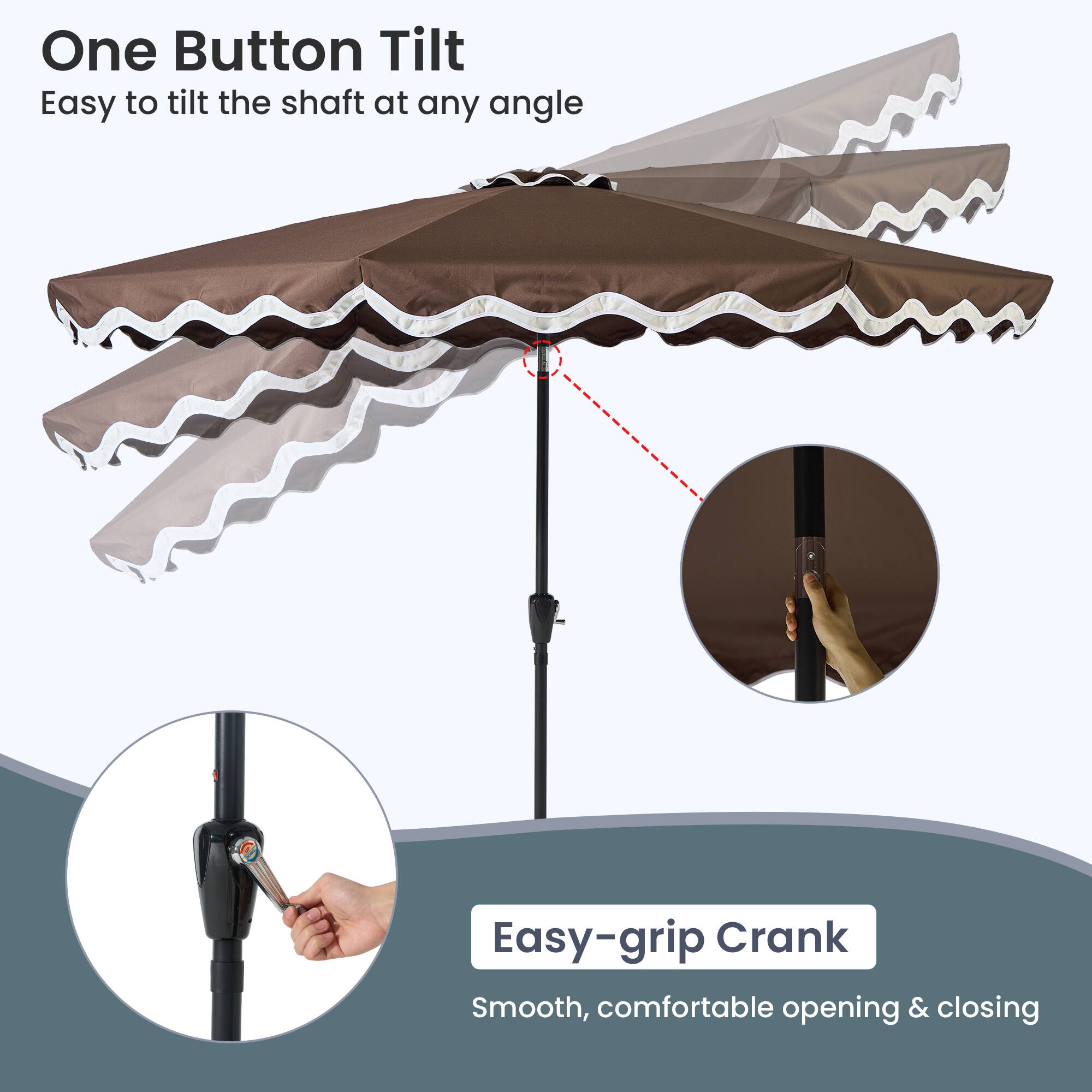 One Button Tilt  
Easy to tilt the shaft at any angle  

Easy-grip Crank  
Smooth, comfortable opening & closing
