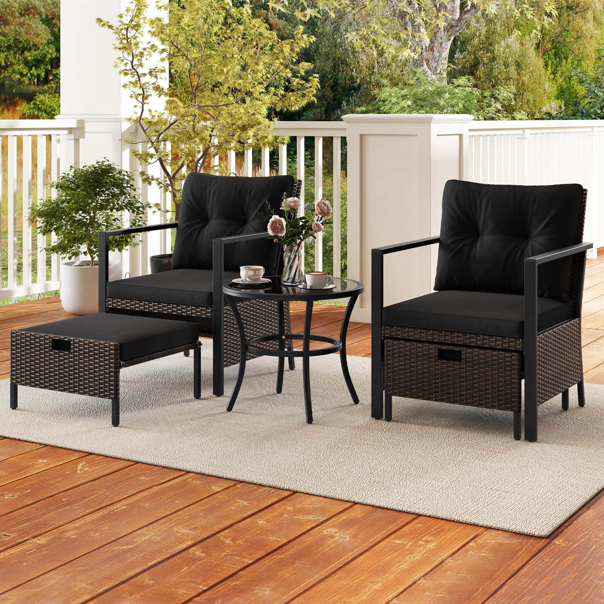 Alt View 3. Costway - Costway 5 PCS Outdoor Furniture Set Rattan Chairs & Ottomans with Glass Topped Coffee Table - Black.