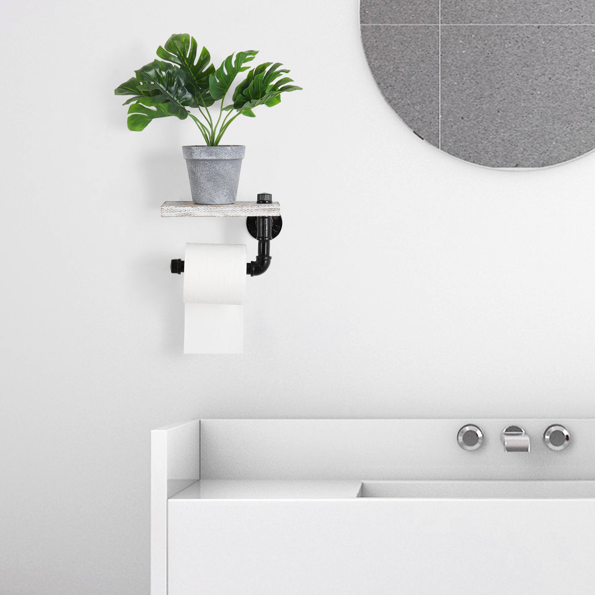 Alt View 2. Oumilen - Industrial Pipe Single Paper Towel Holder with White Washed Shelf – Wall Mounted for Kitchen Bathroom.