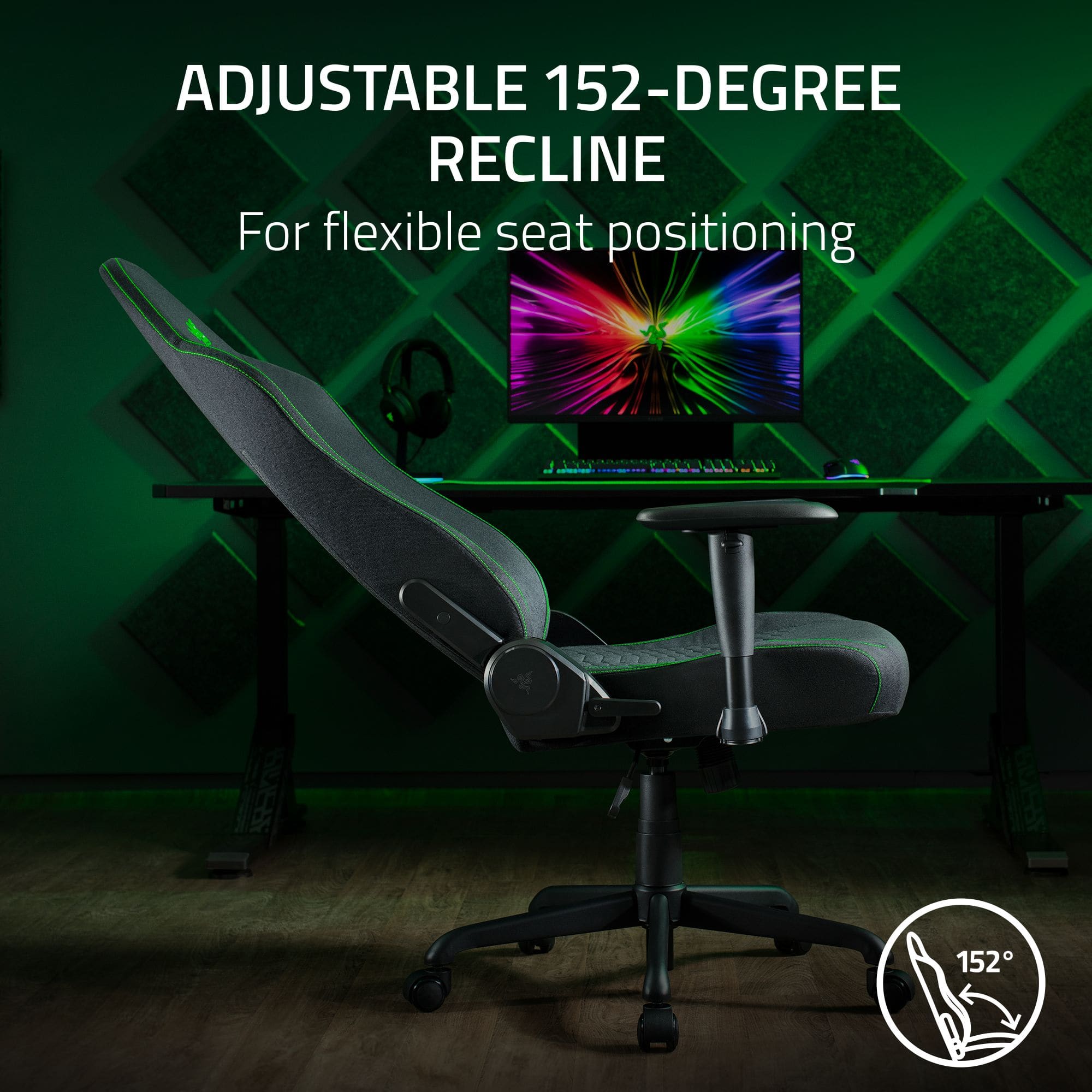 ADJUSTABLE 152-DEGREE RECLINE For flexible seat positioning