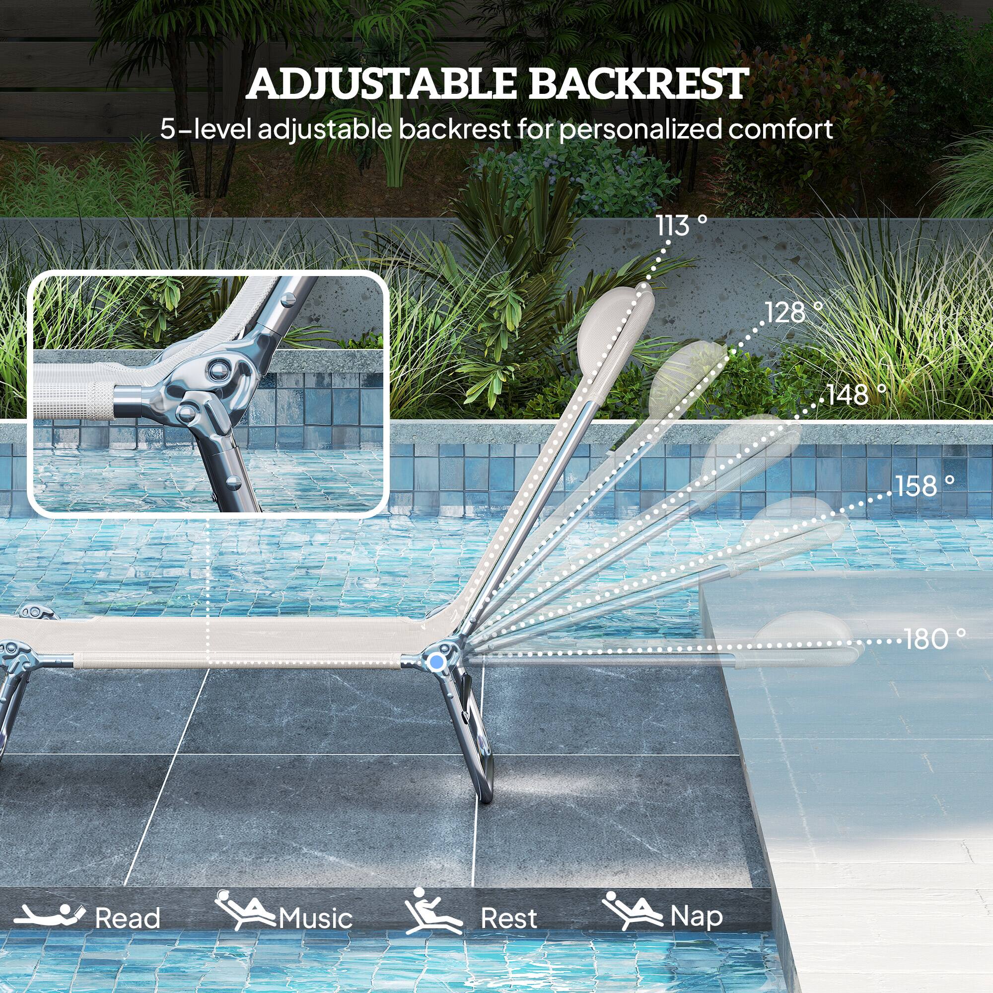 ADJUSTABLE BACKREST  
5-level adjustable backrest for personalized comfort  

113°  
128°  
148°  
158°  
180°  

Read  
Music  
Rest  
Nap